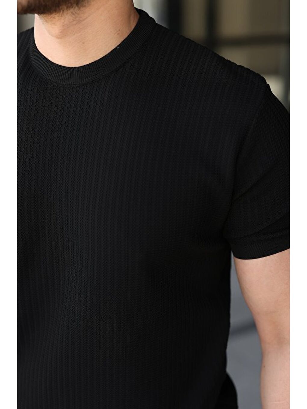 Siyah Erkek Bisiklet Yaka Petek Dokulu Kısa Kollu Triko Tişört-2