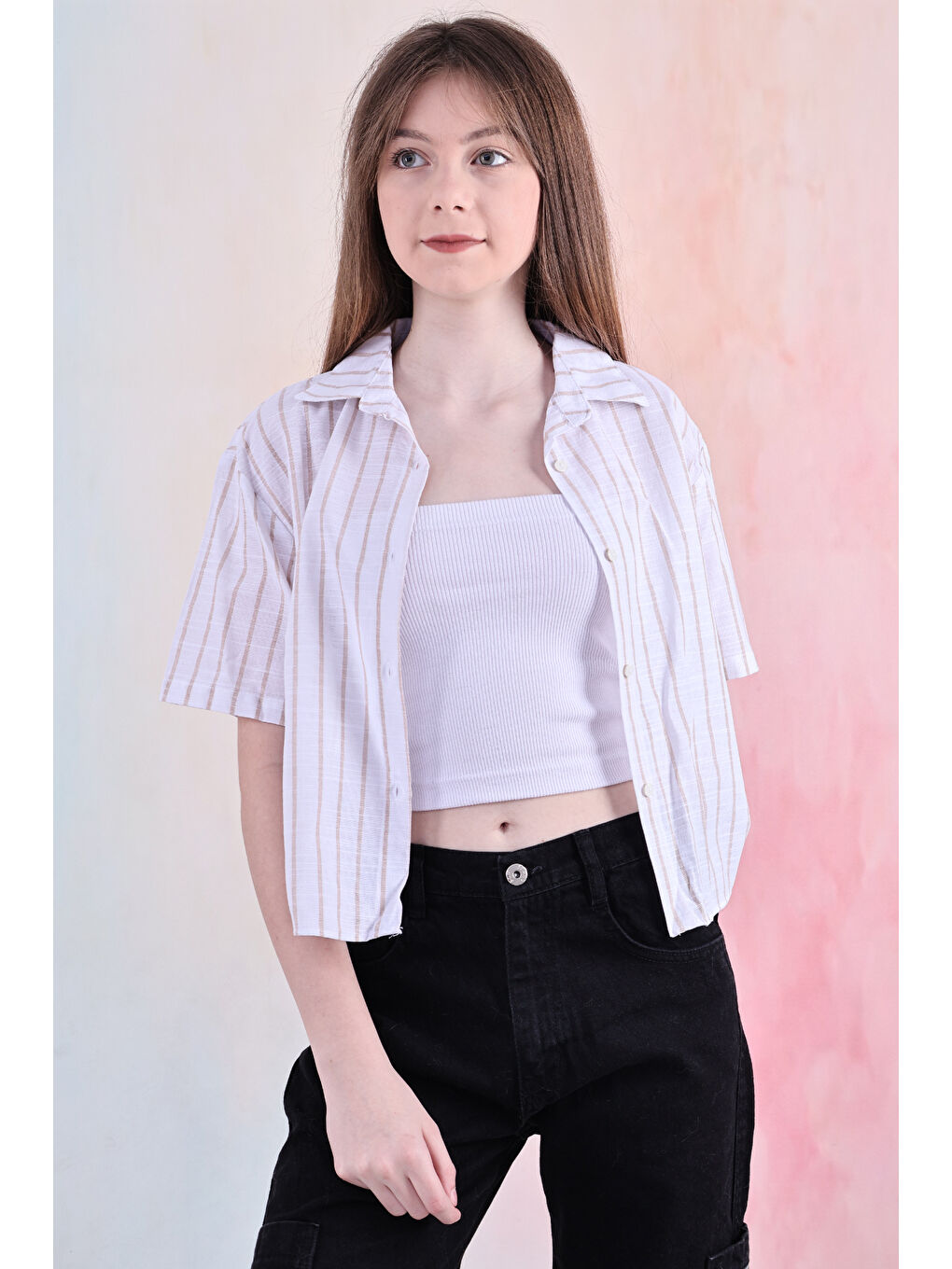 Kahverengi Kız Çocuk Büzgü Detaylı-Çizgi Desenli Crop Gömlek 6-14 Yaş 12251-3