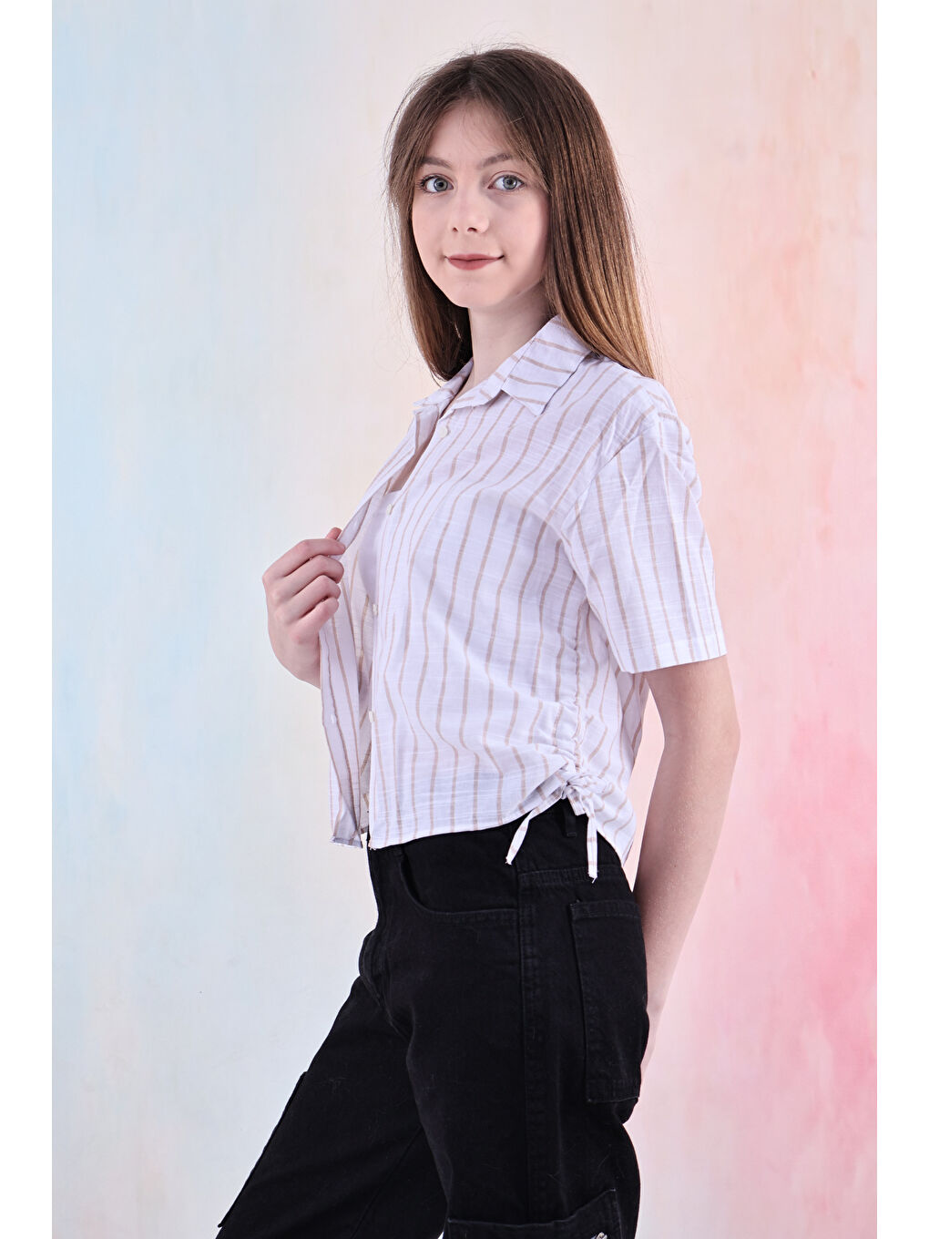 Kahverengi Kız Çocuk Büzgü Detaylı-Çizgi Desenli Crop Gömlek 6-14 Yaş 12251-4