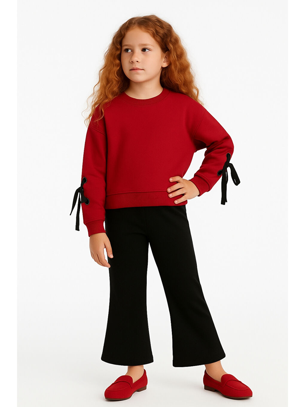 Kırmızı Kız Çocuk Kolları Fiyonklu Alt Üst Takım Ak13563-1