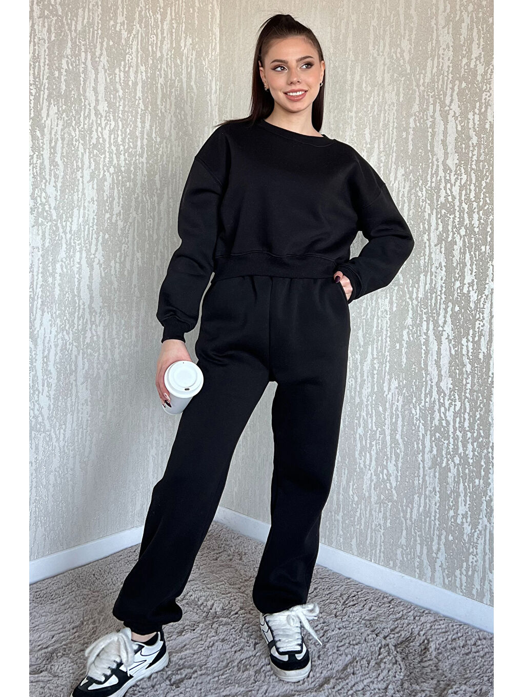 Siyah Kadın Şardonlu Eşofman Takımı