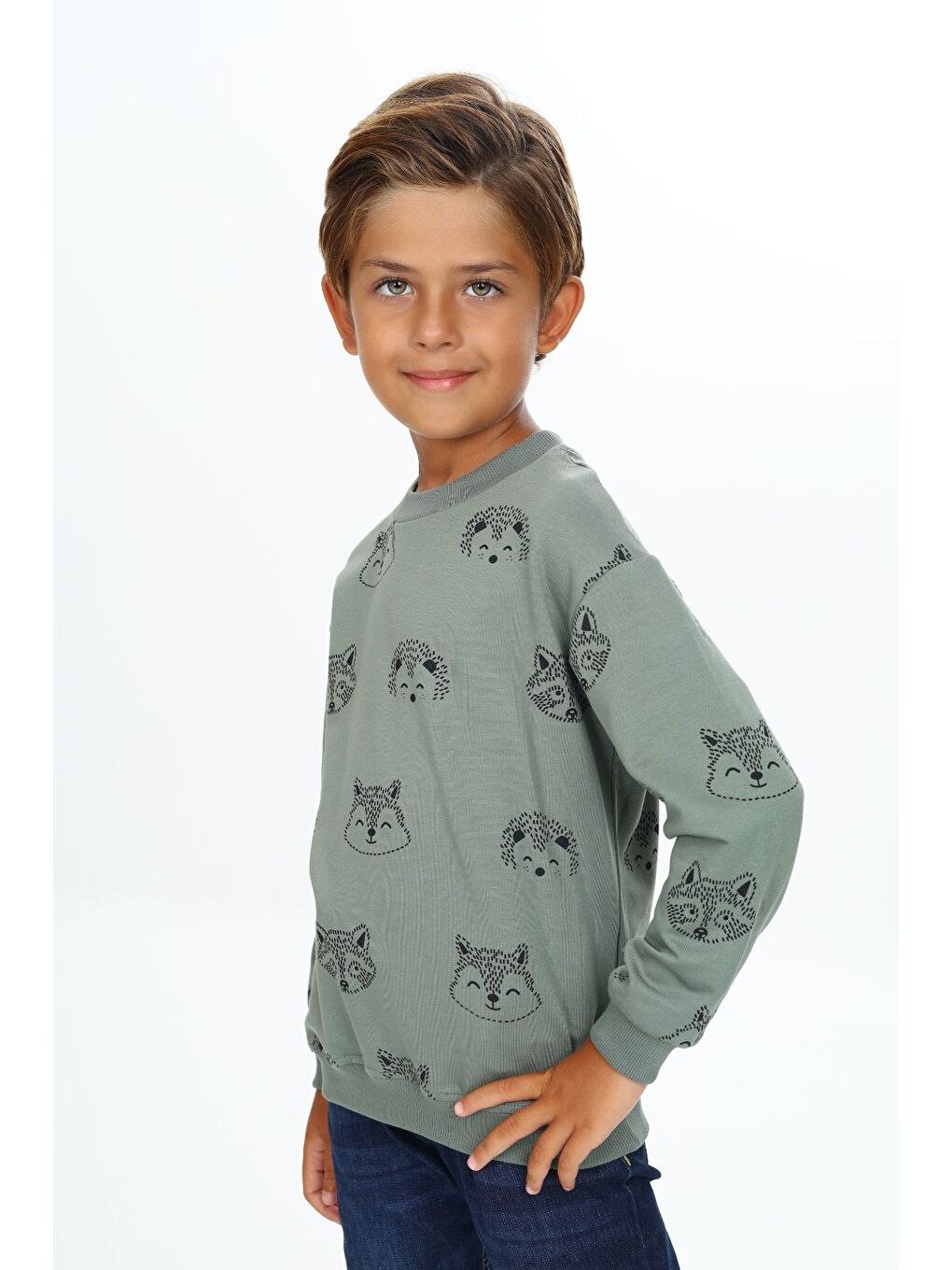 Gri Erkek Çocuk Relax Fit Kapüşonlu Cepli Hafif Düşük Omuz Nakışlı Sweatshirt-1