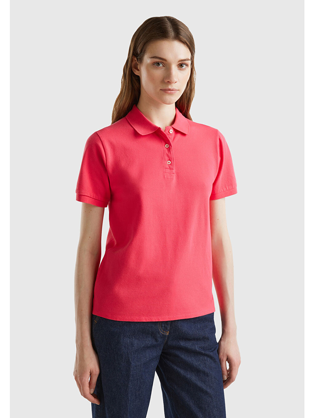 United Colors Of Benetton Kadın Koyu Pembe Streç Pamuklu Sol Altı Logo Baskılı Polo T-Shirt