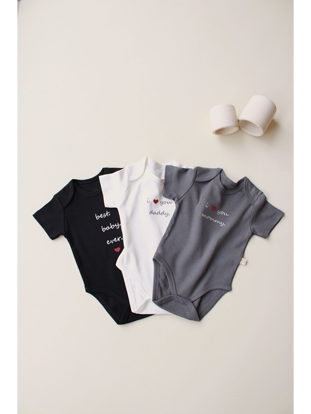 Beyaz 3Lü Nakışlı Kısa Kollu Çıt Çıtlı Body Zıbın Model 7