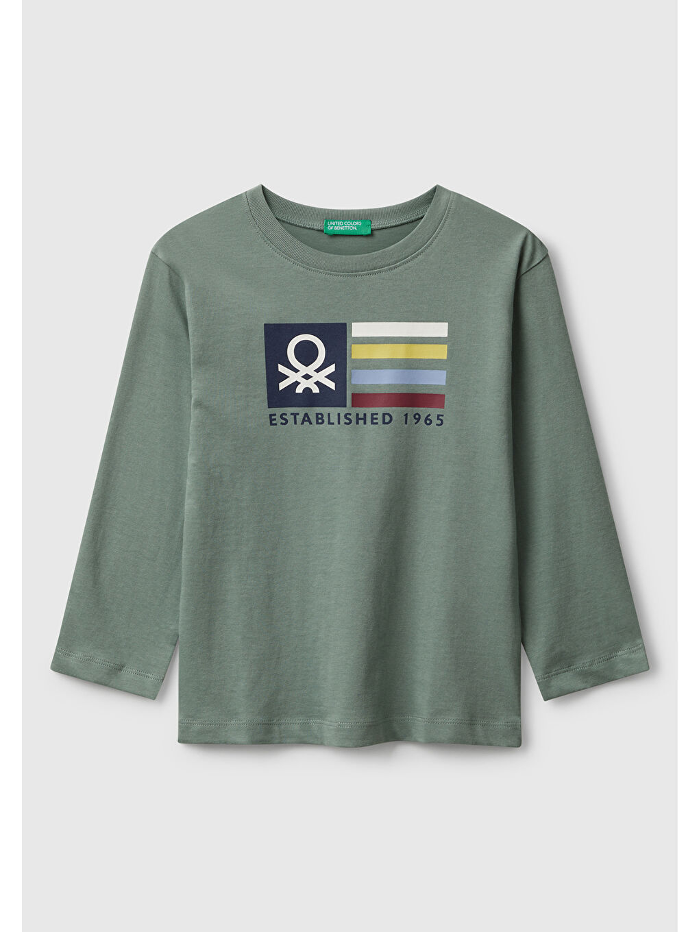 Erkek Çocuk Haki Organik Pamuklu Önü Logo Baskılı Uzun Kollu Jarse T-shirt