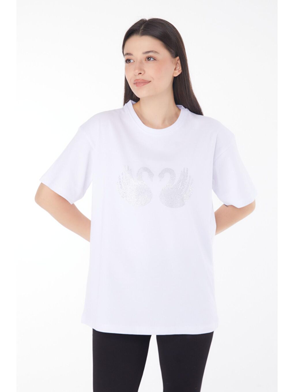 TOFİSA Düz Bisiklet Yaka Kadın Beyaz Taşlı T-shirt - 25696