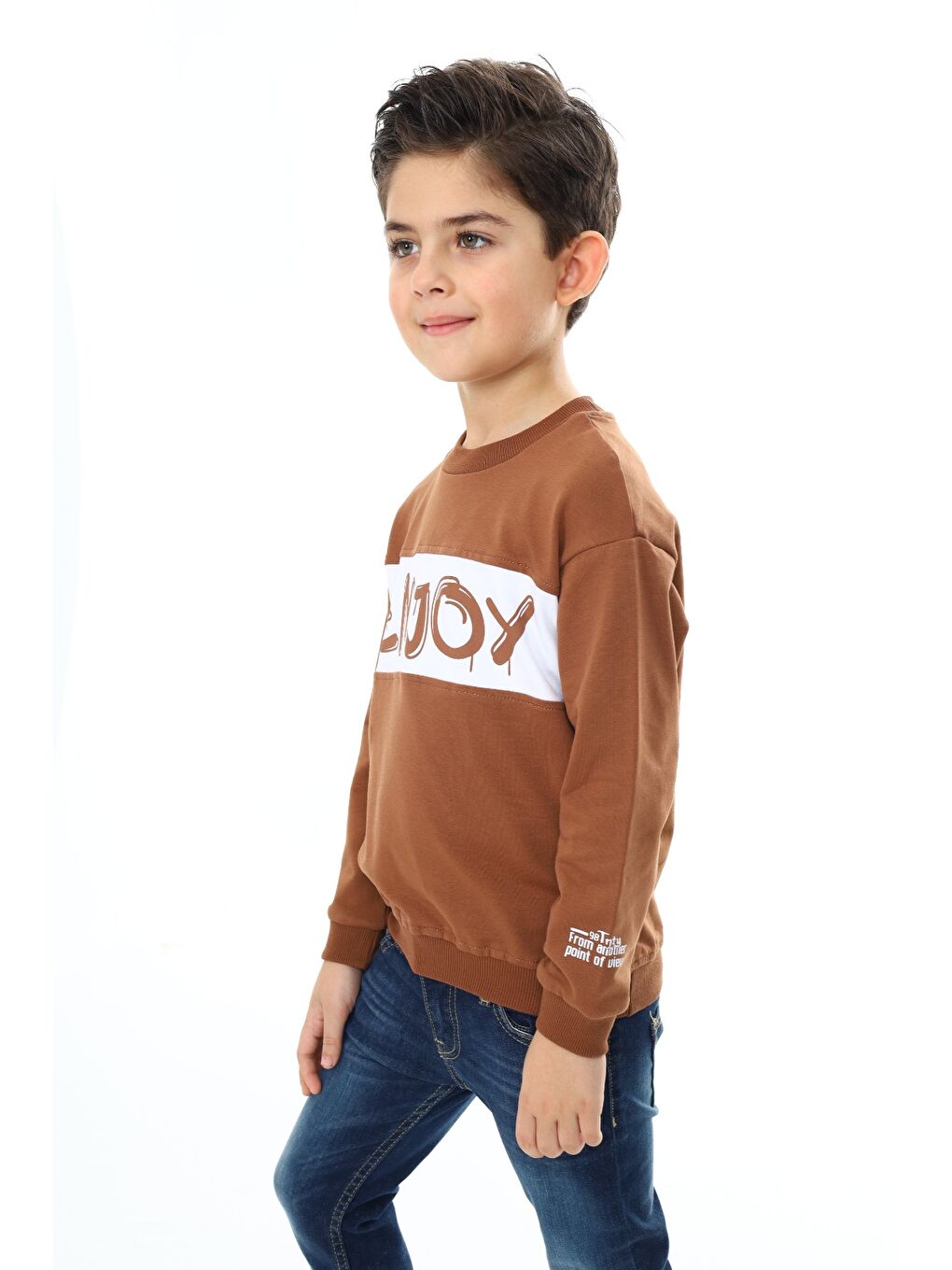 Kahverengi Erkek Çocuk Relax Fit Bisiklet Yaka Düşük Omuz Baskılı Sweatshirt-1