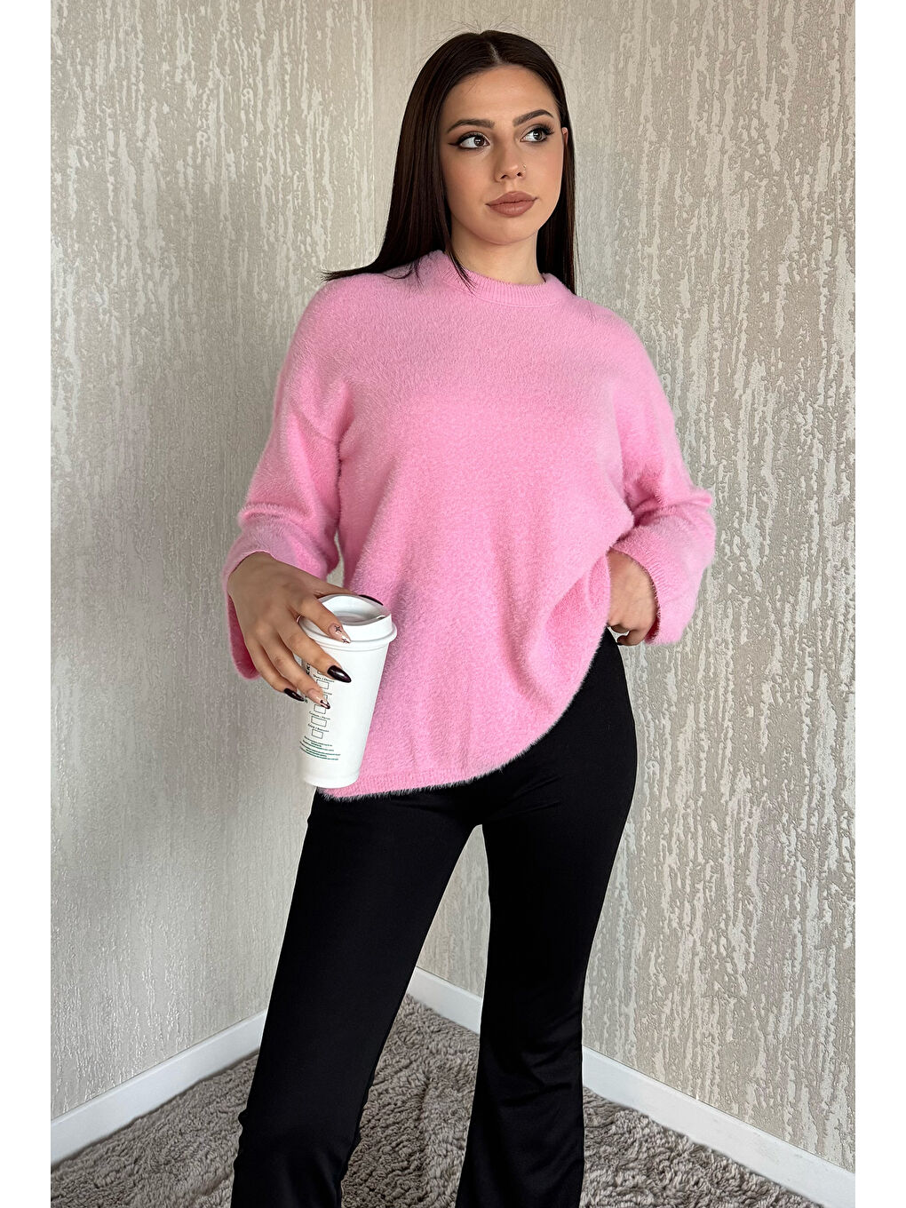 Pembe Bisiklet Yaka Kadın Sakallı Triko Kazak