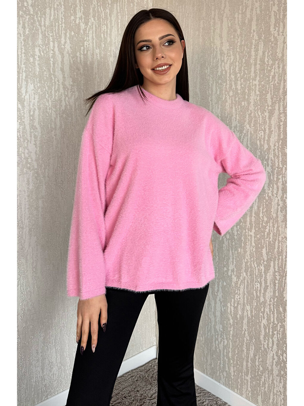 Pembe Bisiklet Yaka Kadın Sakallı Triko Kazak-1