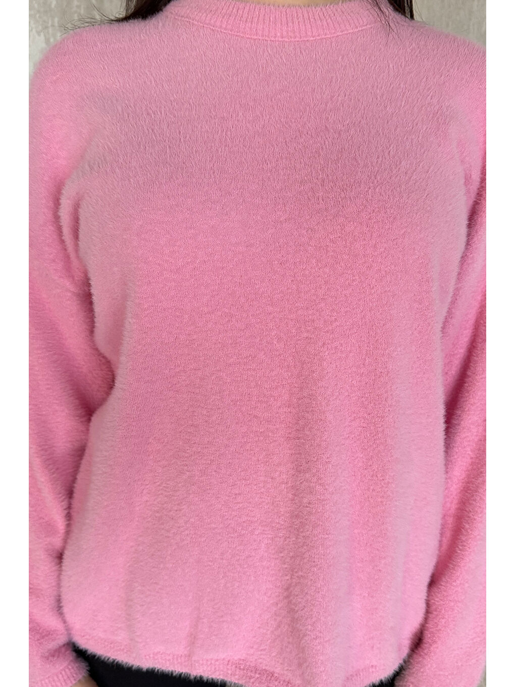 Pembe Bisiklet Yaka Kadın Sakallı Triko Kazak-2