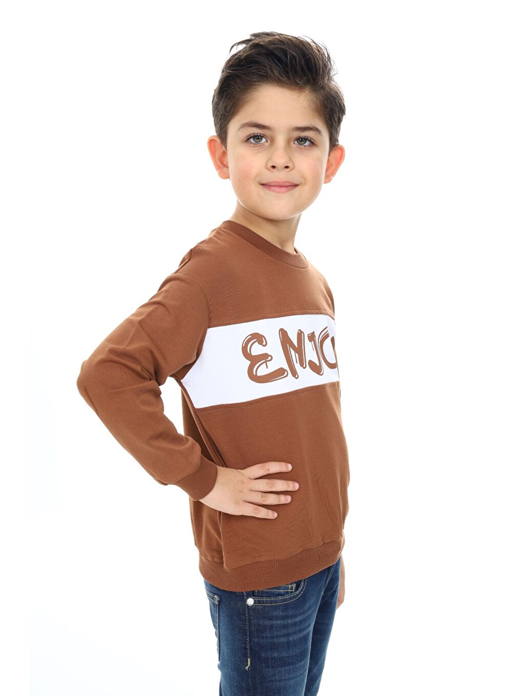 Kahverengi Erkek Çocuk Relax Fit Bisiklet Yaka Düşük Omuz Baskılı Sweatshirt-2