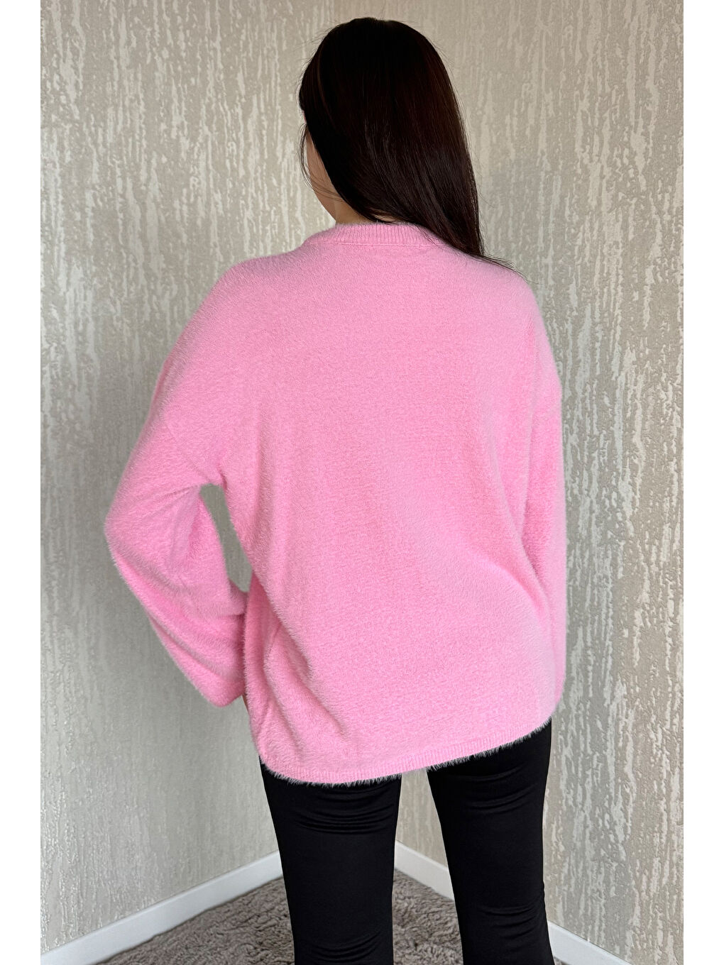 Pembe Bisiklet Yaka Kadın Sakallı Triko Kazak-3