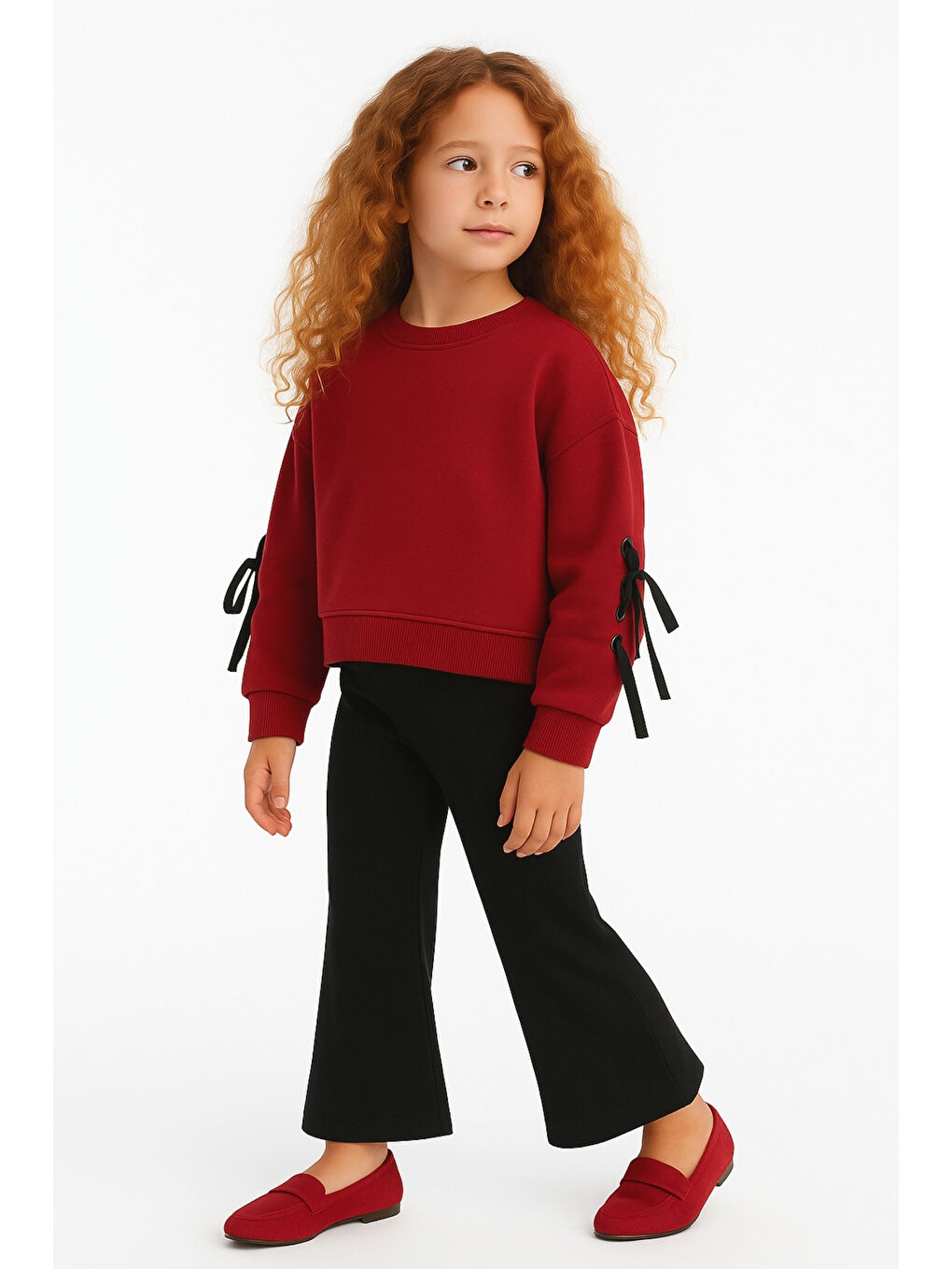 Kırmızı Kız Çocuk Kolları Fiyonklu Alt Üst Takım Ak13563-2