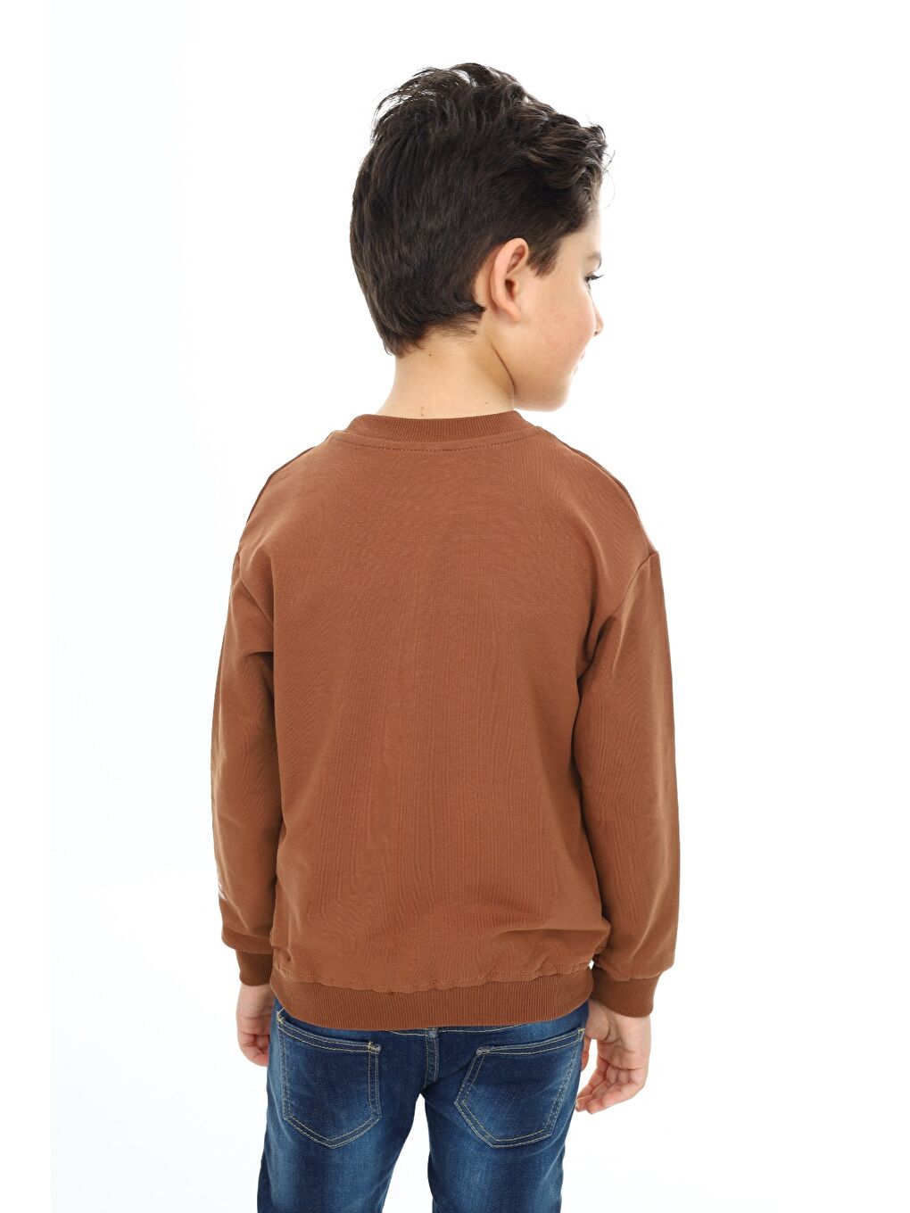Kahverengi Erkek Çocuk Relax Fit Bisiklet Yaka Düşük Omuz Baskılı Sweatshirt-3