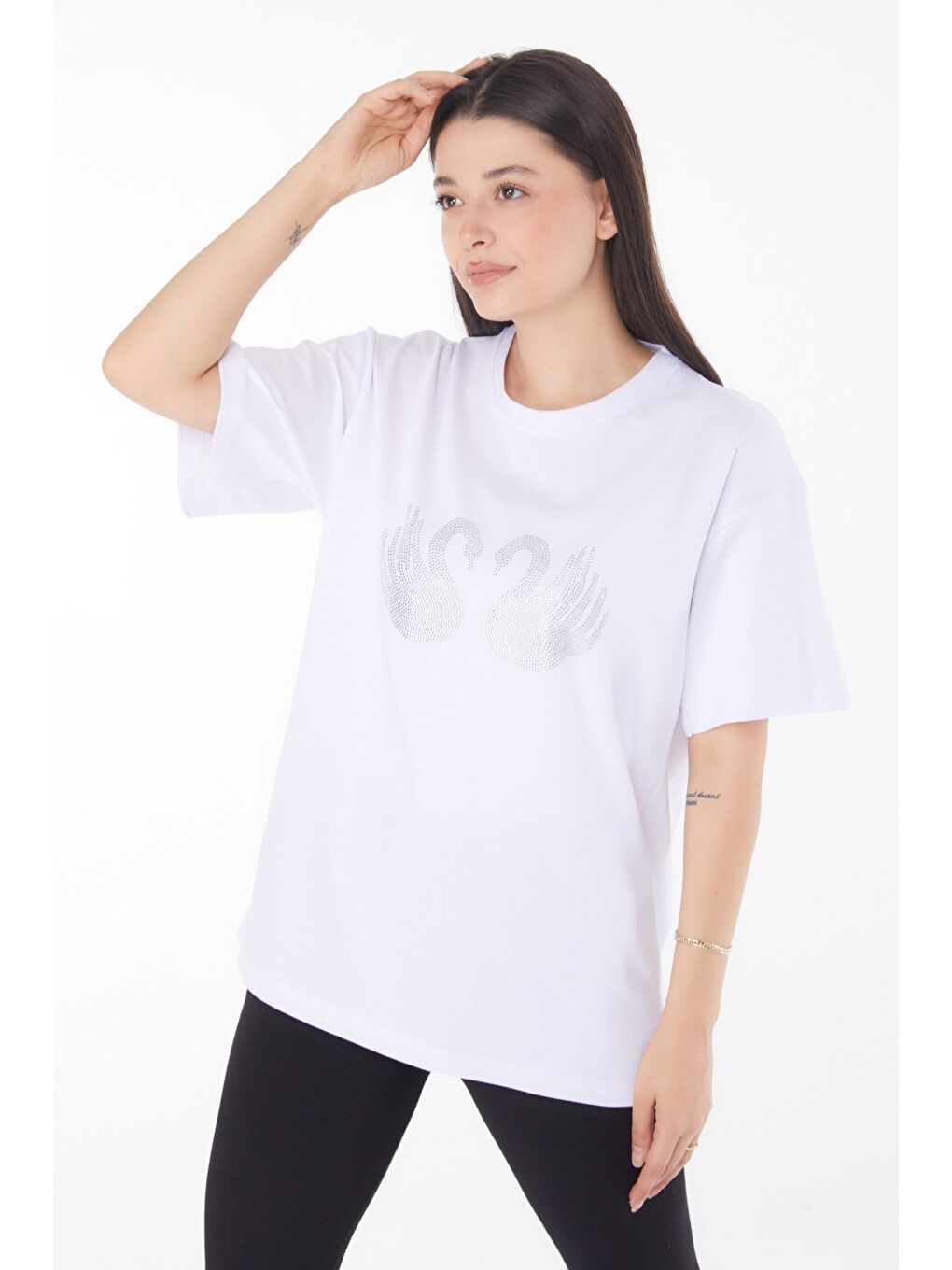 TOFİSA Düz Bisiklet Yaka Kadın Beyaz Taşlı T-shirt - 25696 - 2