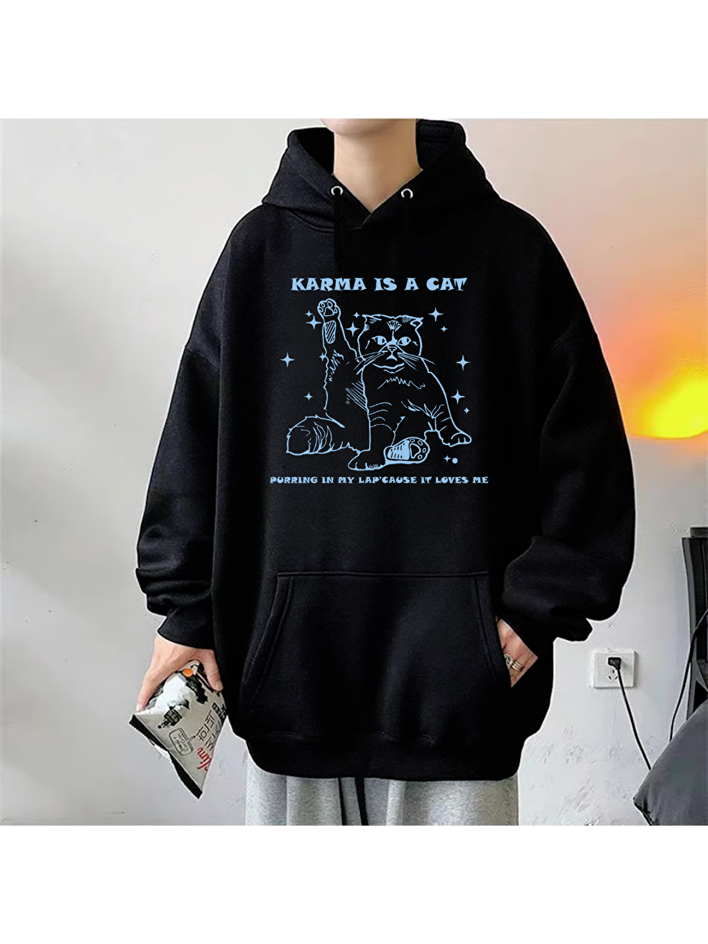 Touz Moda Siyah Karma Is Cat Unisex Oversize Hoodie