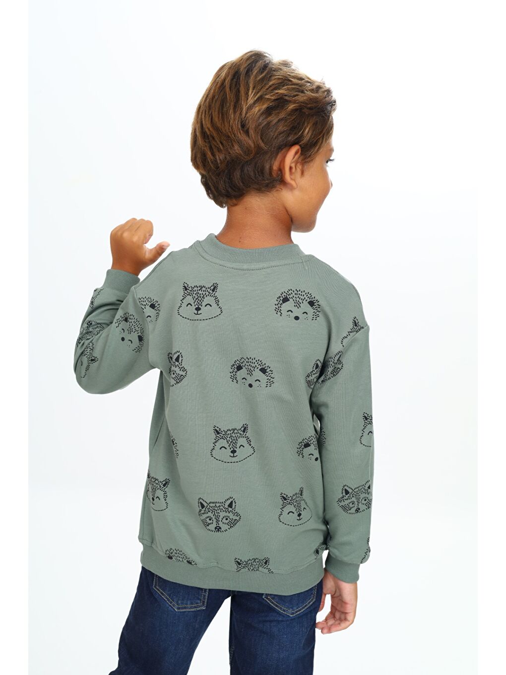 Gri Erkek Çocuk Relax Fit Kapüşonlu Cepli Hafif Düşük Omuz Nakışlı Sweatshirt-5