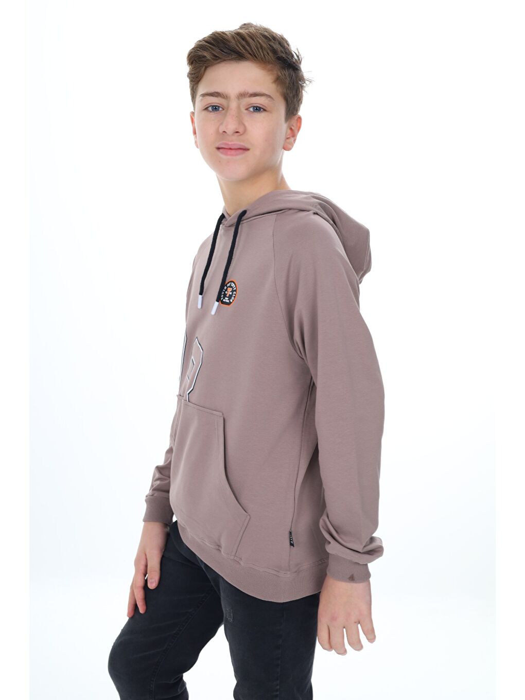Kahverengi Erkek Çocuk Relax Fit Kapüşonlu Cepli Hafif Düşük Omuz Baskılı Sweatshirt-2
