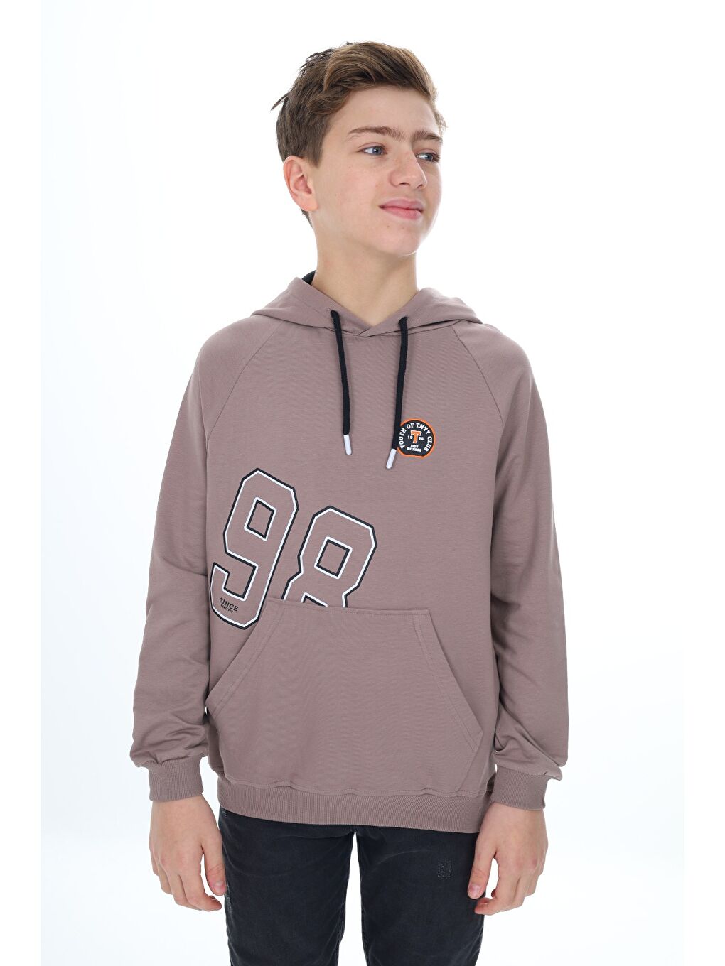 Kahverengi Erkek Çocuk Relax Fit Kapüşonlu Cepli Hafif Düşük Omuz Baskılı Sweatshirt-3