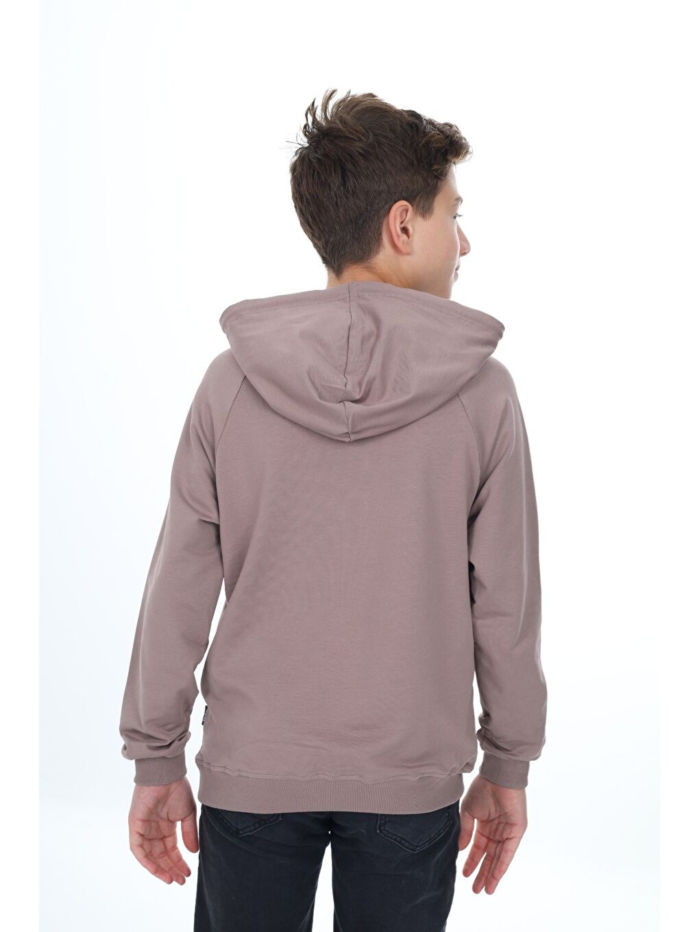 Kahverengi Erkek Çocuk Relax Fit Kapüşonlu Cepli Hafif Düşük Omuz Baskılı Sweatshirt-4