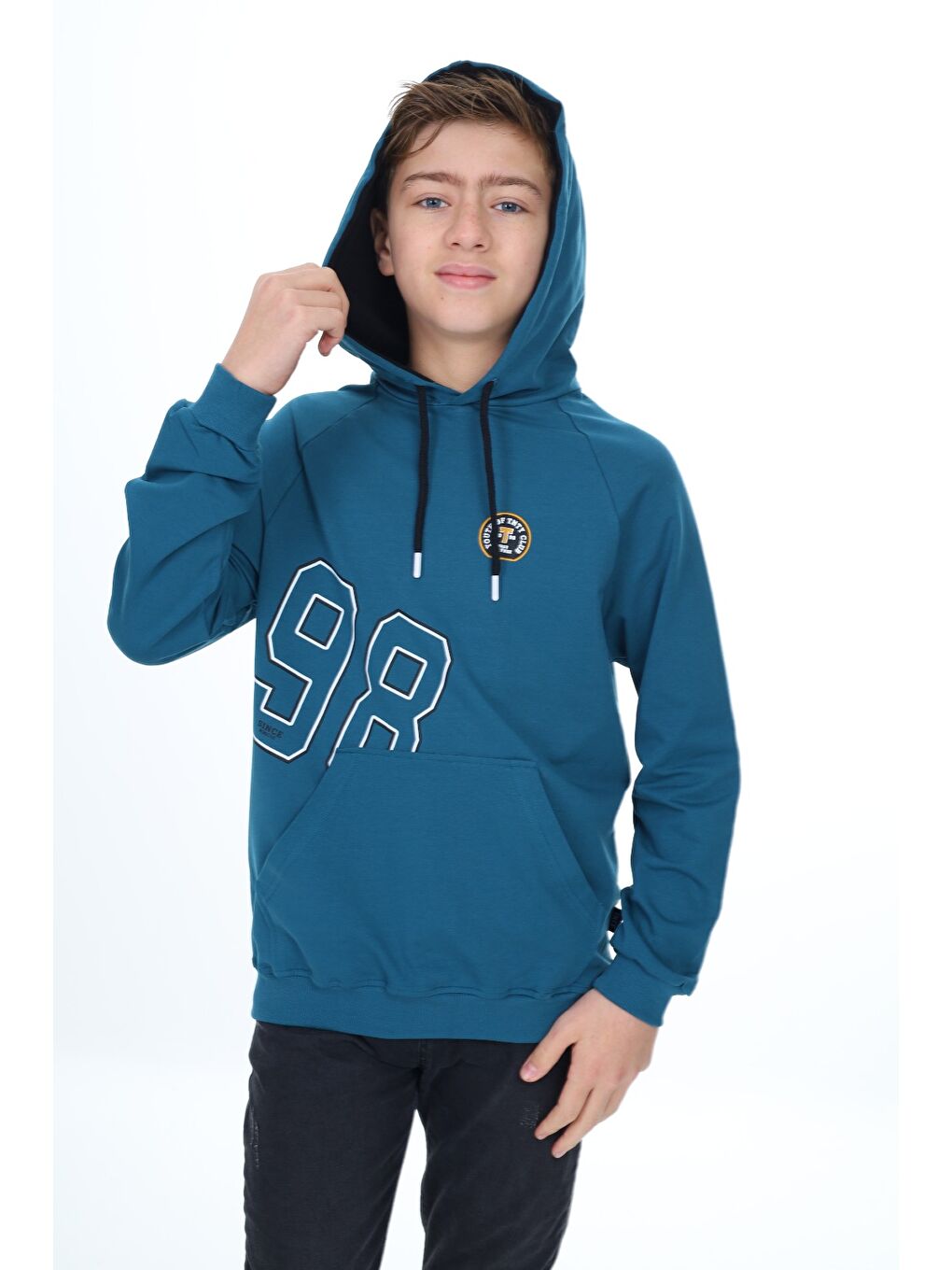 Petrol Erkek Çocuk Relax Fit Kapüşonlu Cepli Hafif Düşük Omuz Baskılı Sweatshirt-1
