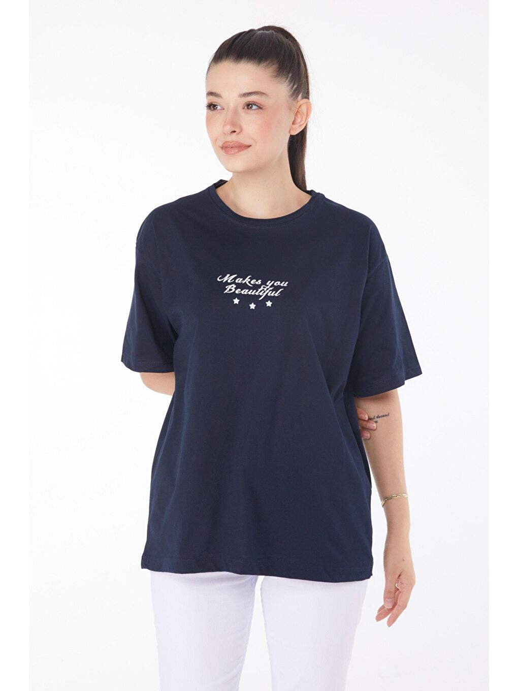 TOFİSA Lacivert Düz Bisiklet Yaka Kadın Lacivert Baskılı Kısa Kollu T-Shirt  - 25393