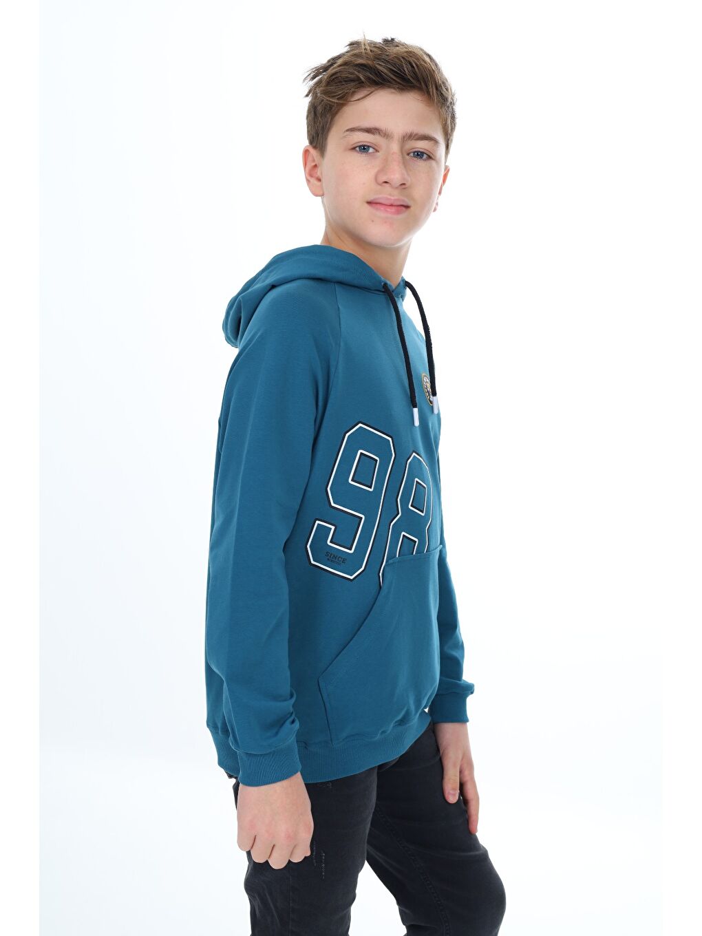 Petrol Erkek Çocuk Relax Fit Kapüşonlu Cepli Hafif Düşük Omuz Baskılı Sweatshirt-2