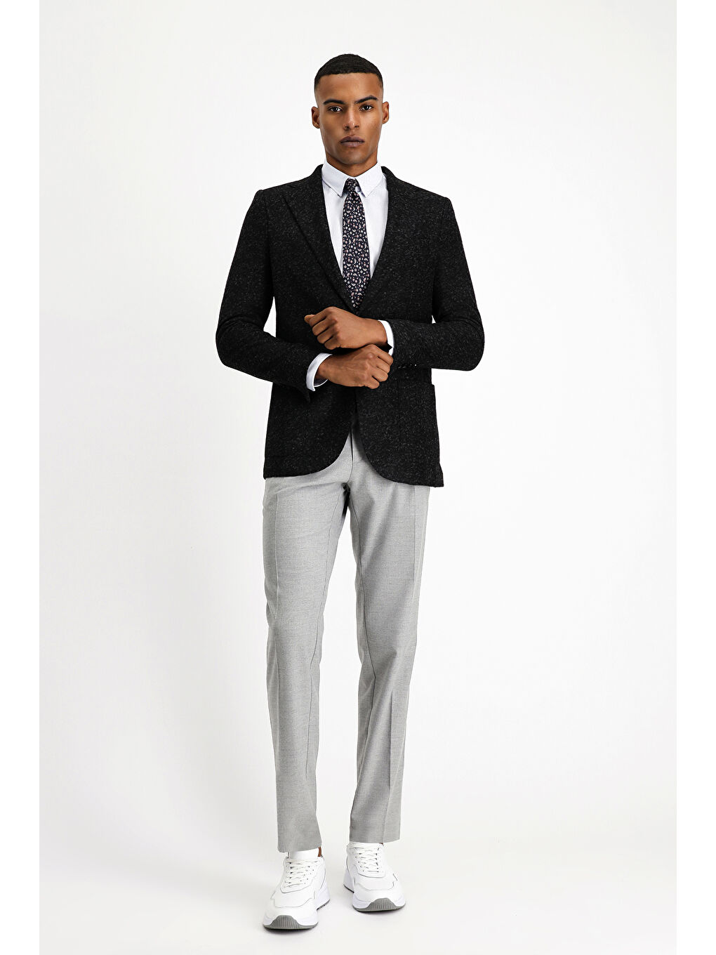 Siyah Slim Fit Dar Kesim Desenli Yünlü İtalyan Ceket-1