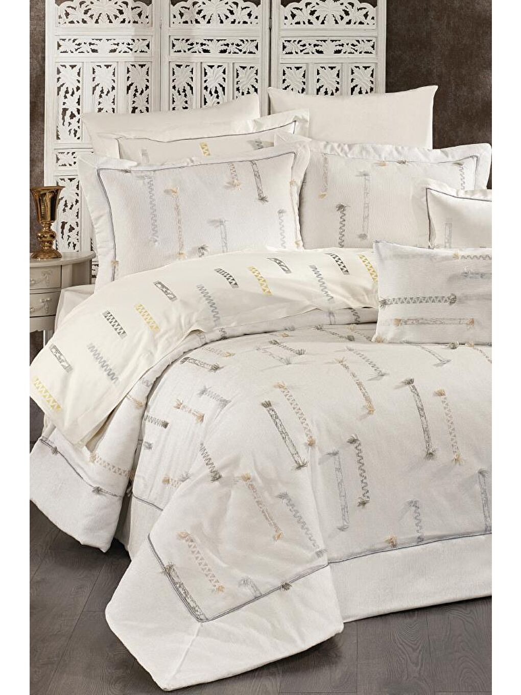 Karışık Çise 10 Parça Çift Kişilik Çeyiz Seti Gri - Sarı