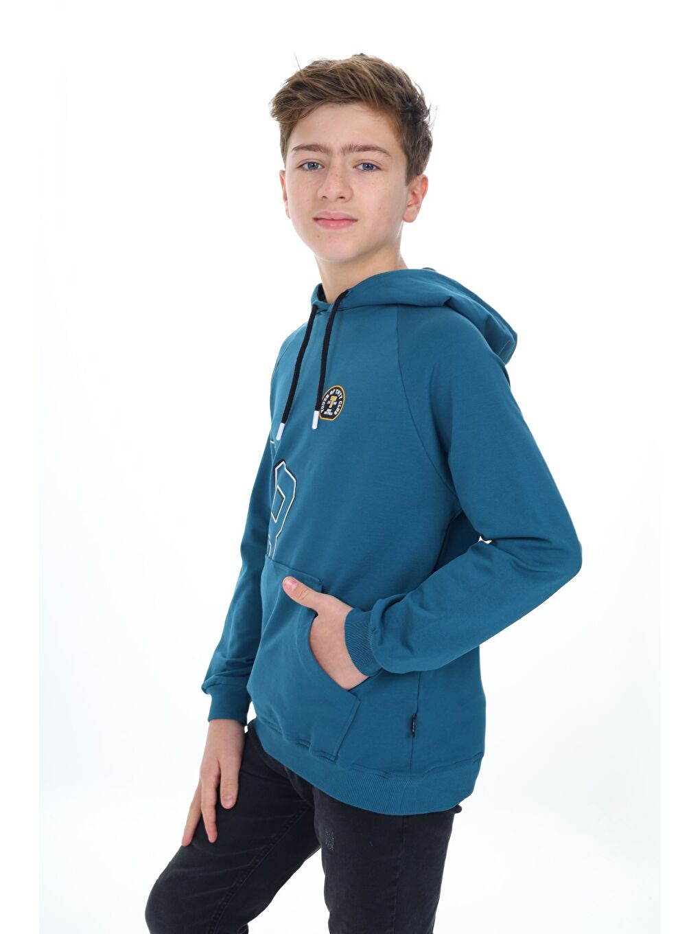 Petrol Erkek Çocuk Relax Fit Kapüşonlu Cepli Hafif Düşük Omuz Baskılı Sweatshirt-3