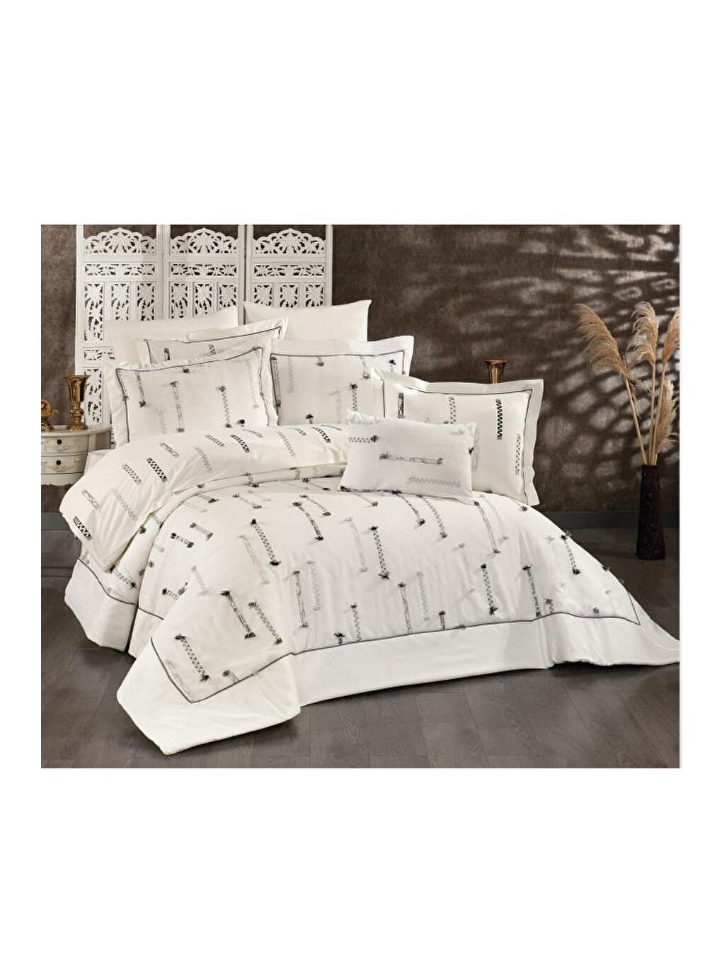 Karışık Çise 10 Parça Çift Kişilik Çeyiz Seti Siyah - Gri-1