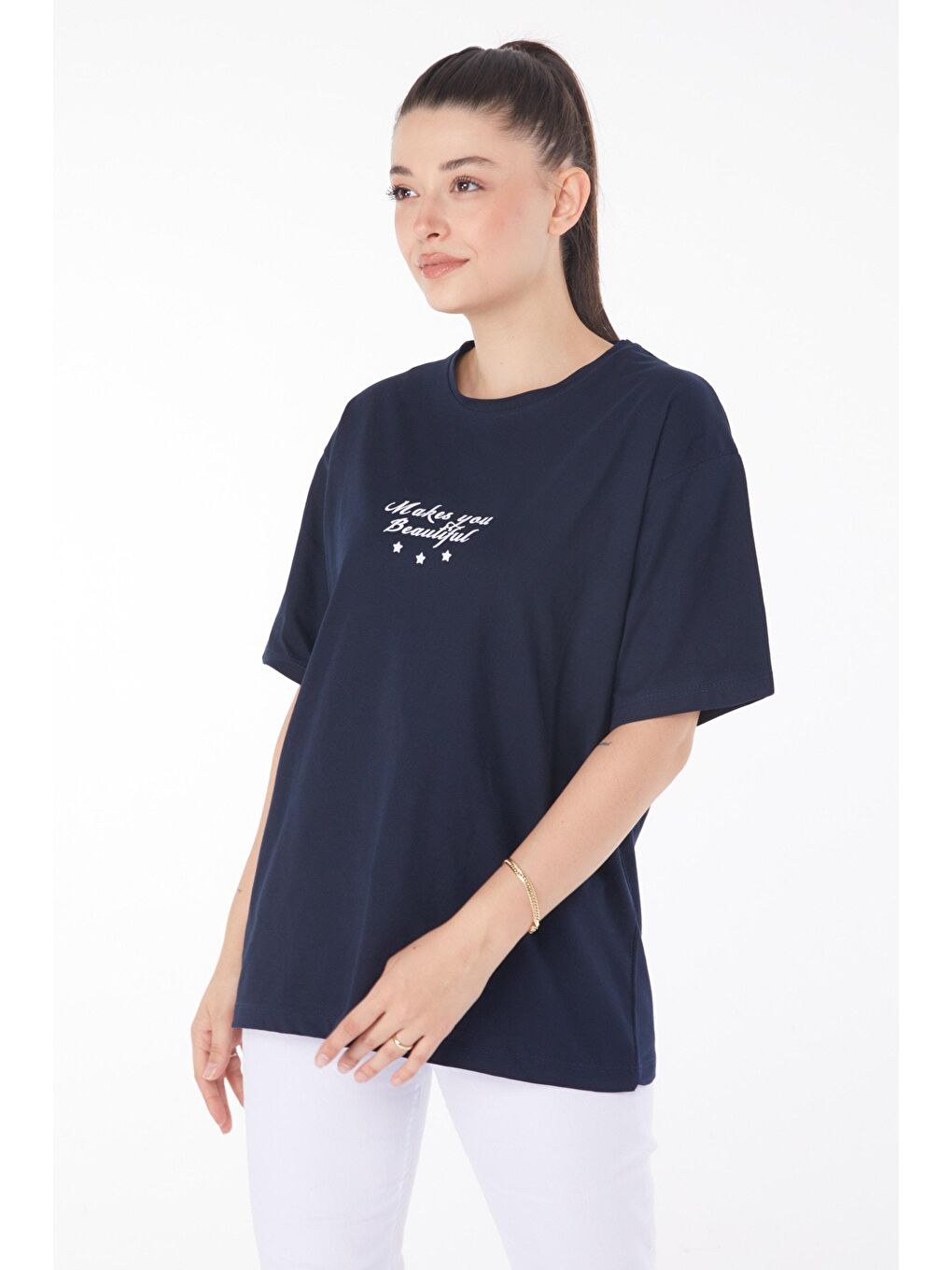 TOFİSA Lacivert Düz Bisiklet Yaka Kadın Lacivert Baskılı Kısa Kollu T-Shirt  - 25393 - 1