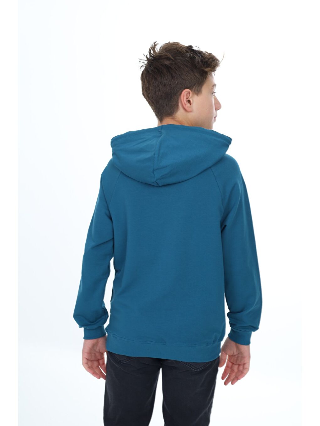 Petrol Erkek Çocuk Relax Fit Kapüşonlu Cepli Hafif Düşük Omuz Baskılı Sweatshirt-4