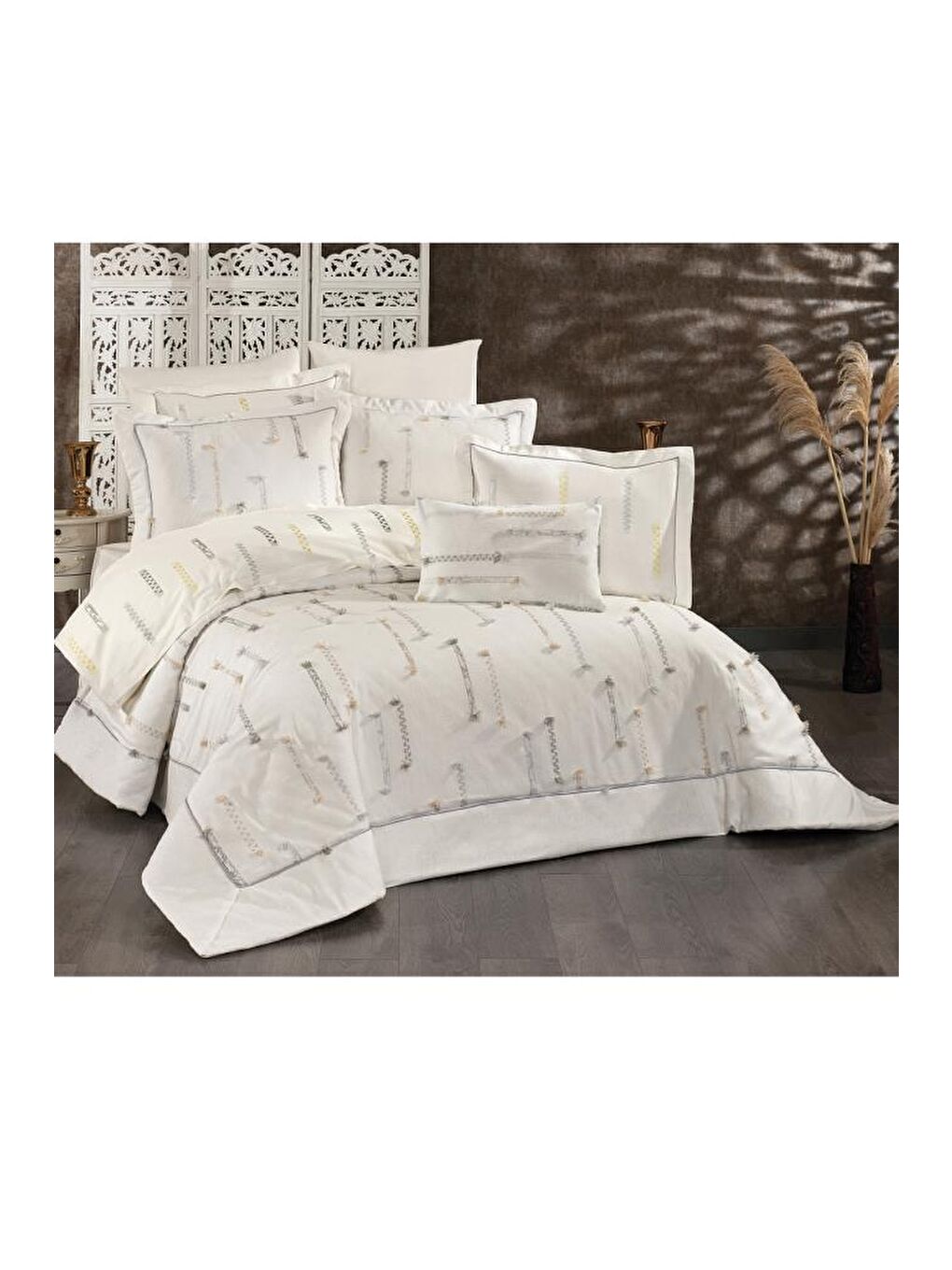 Karışık Çise 10 Parça Çift Kişilik Çeyiz Seti Gri - Sarı-1