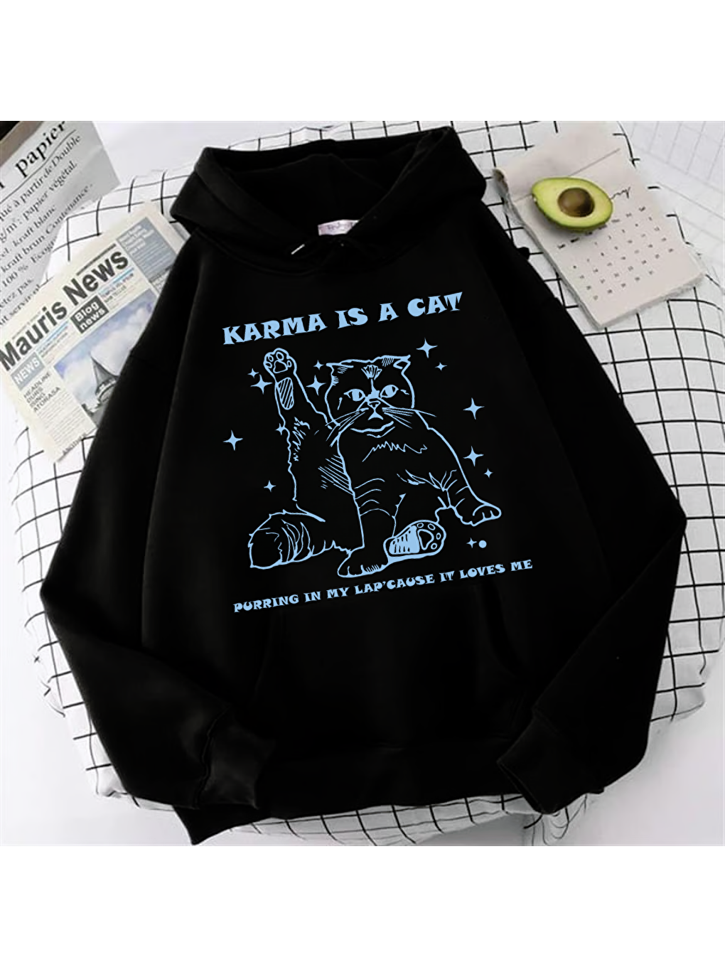 Touz Moda Siyah Karma Is Cat Unisex Oversize Hoodie - 1