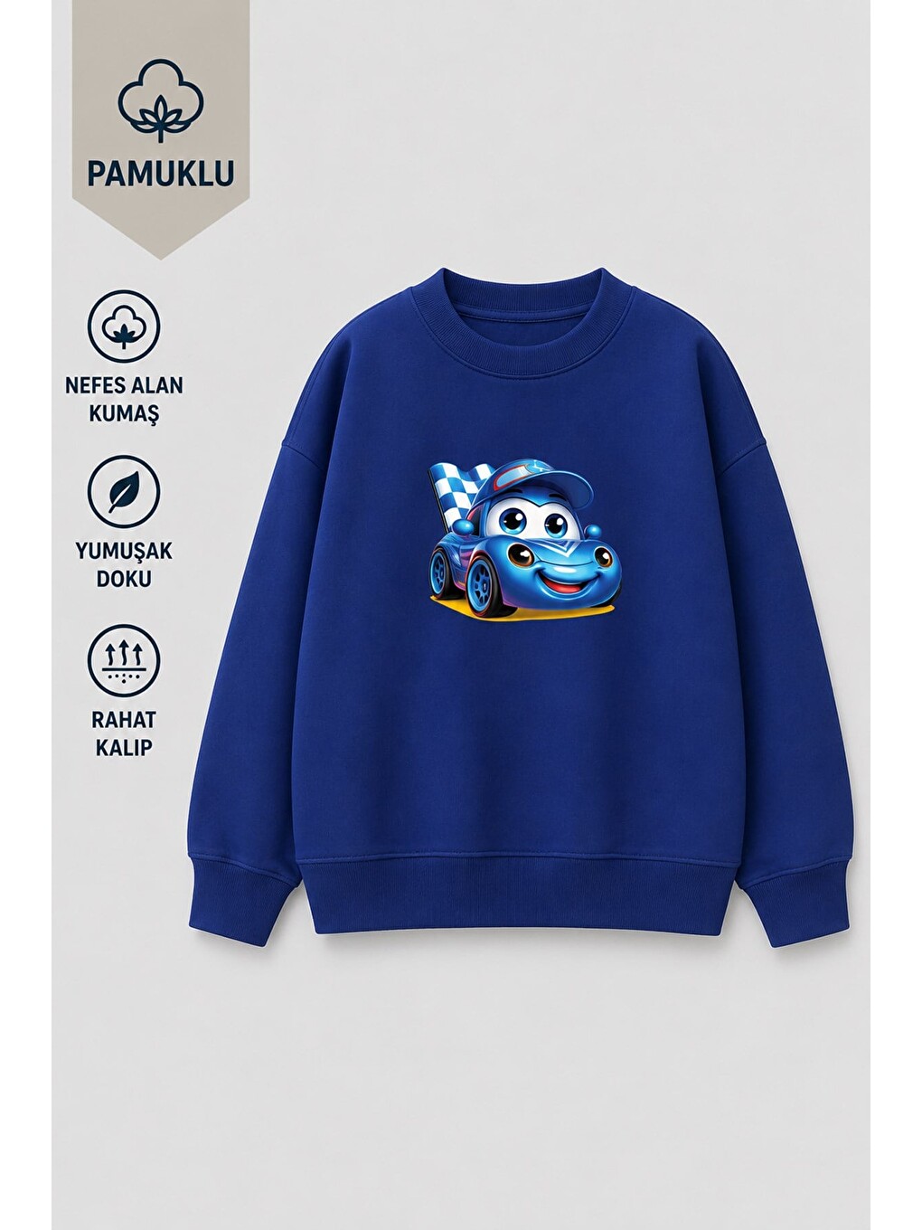 Lacivert Erkek Çocuk 3 İplik Kumaş Araba Baskılı Pamuklu Sweatshirt-2