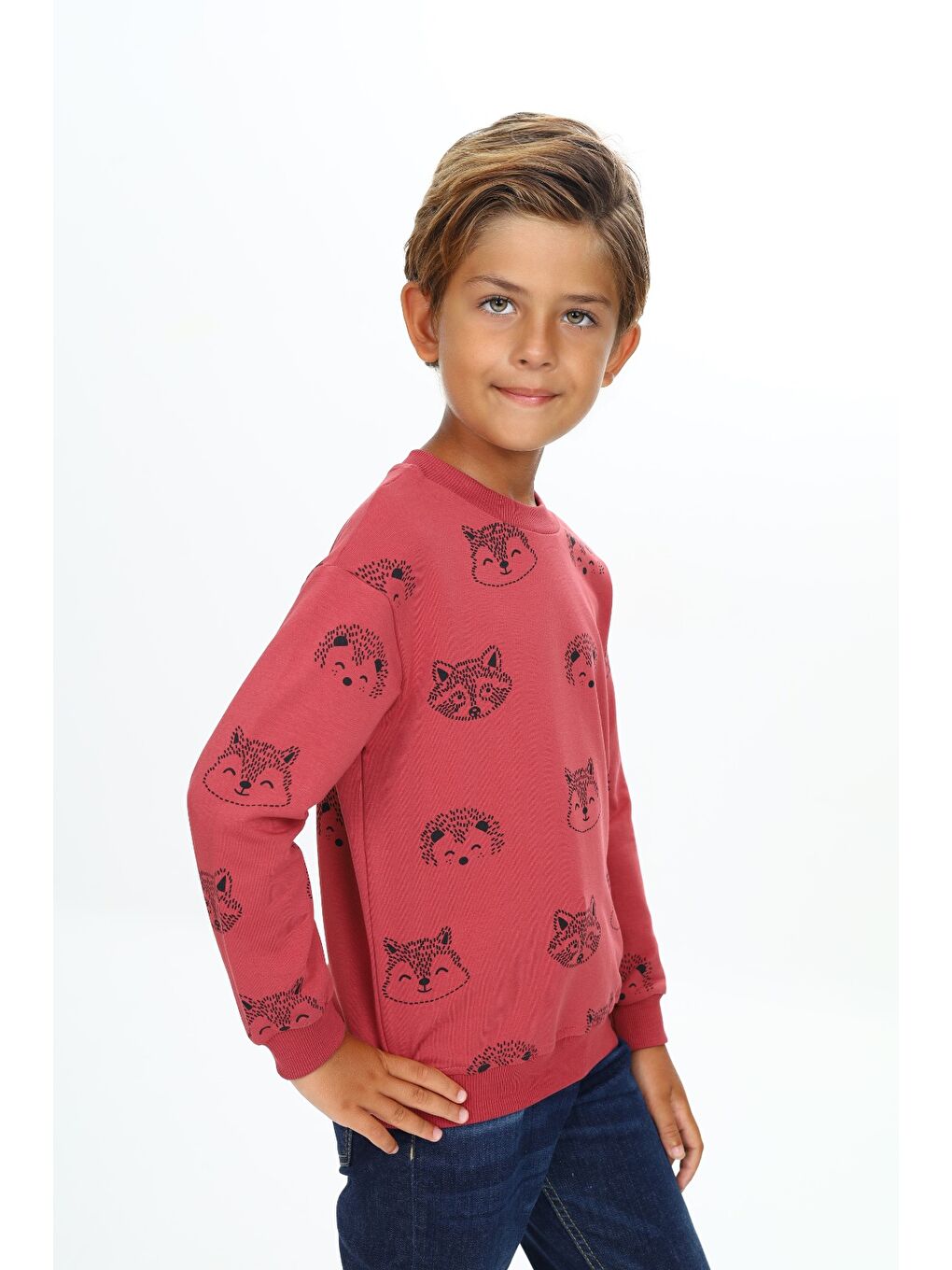 Kahverengi Erkek Çocuk Relax Fit Kapüşonlu Cepli Hafif Düşük Omuz Nakışlı Sweatshirt-3