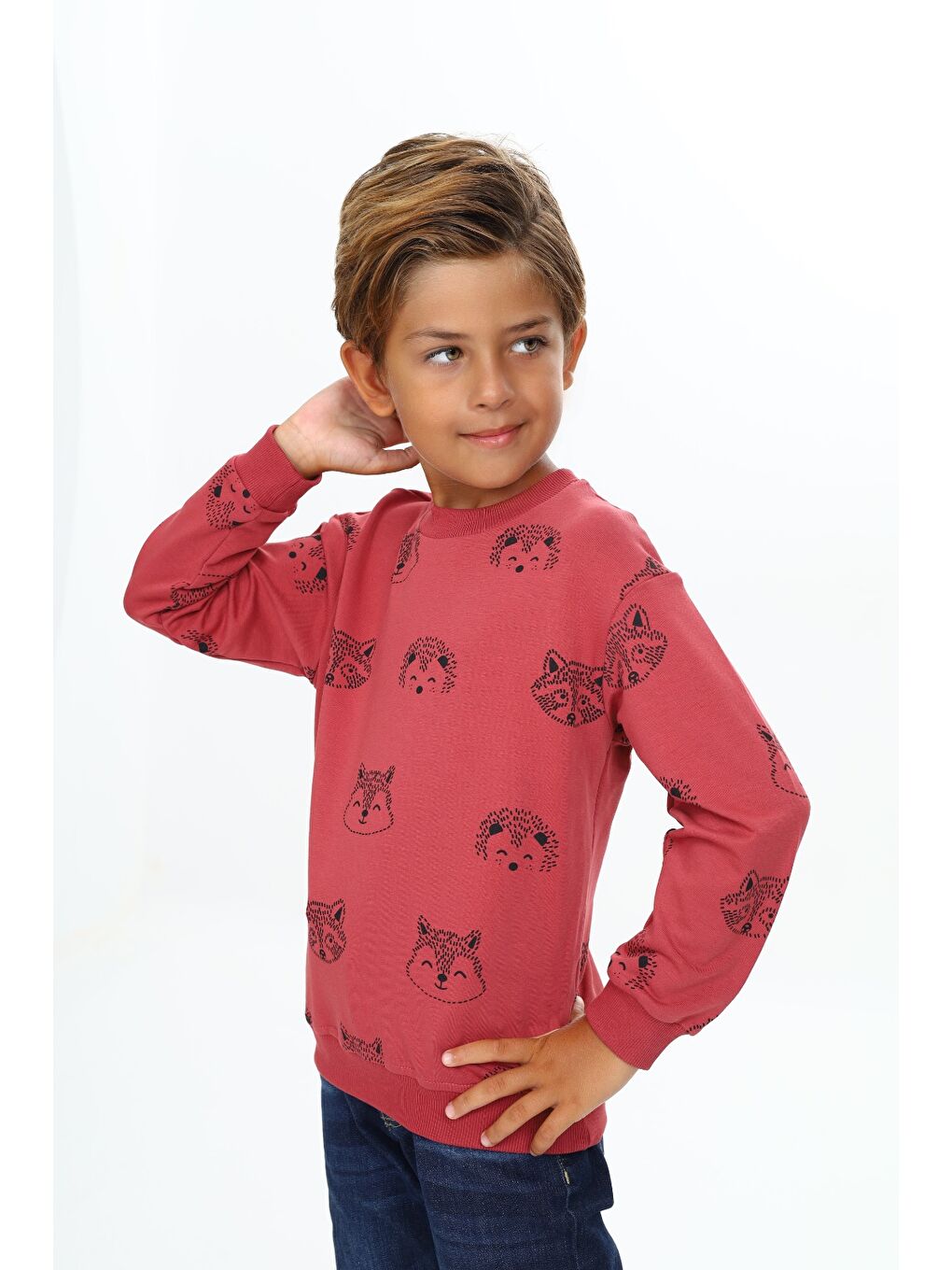 Kahverengi Erkek Çocuk Relax Fit Kapüşonlu Cepli Hafif Düşük Omuz Nakışlı Sweatshirt-4