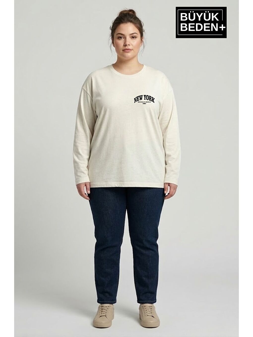 Ekru Kadın Büyük Beden New York Baskılı 2 İplik Bisiklet Yaka Tişört SPR26BTSK942-5