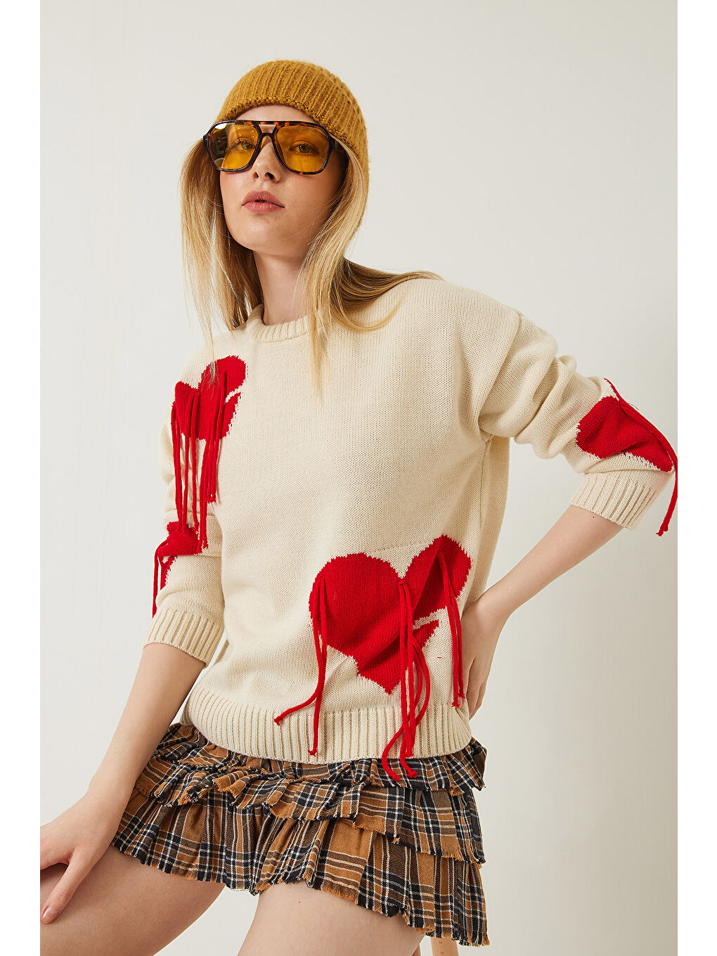 Lila Kadın Kalpli Saçaklı Triko Kazak-1