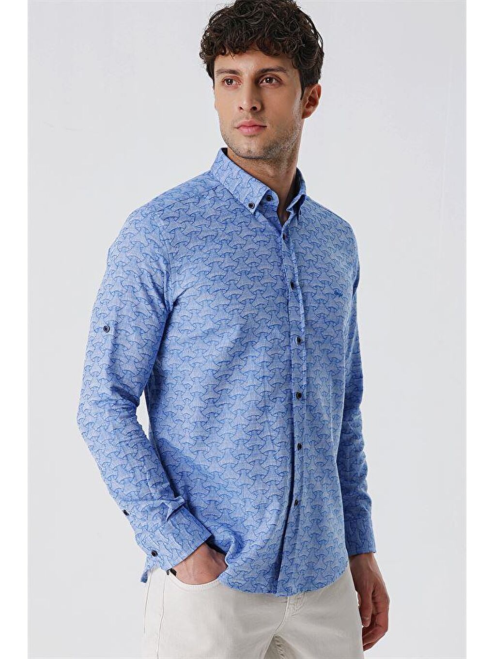 Mavi Kısalabilir Kollu Desenli  %100 Pamuk Casual Slim Fit Gömlek 1004230181-1