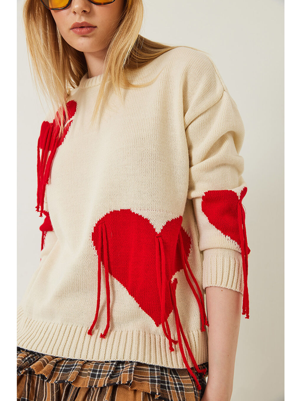 Lila Kadın Kalpli Saçaklı Triko Kazak-2