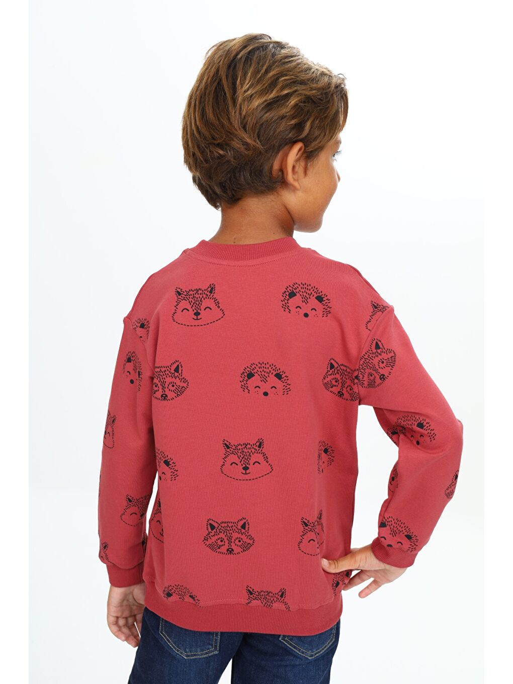 Kahverengi Erkek Çocuk Relax Fit Kapüşonlu Cepli Hafif Düşük Omuz Nakışlı Sweatshirt-5