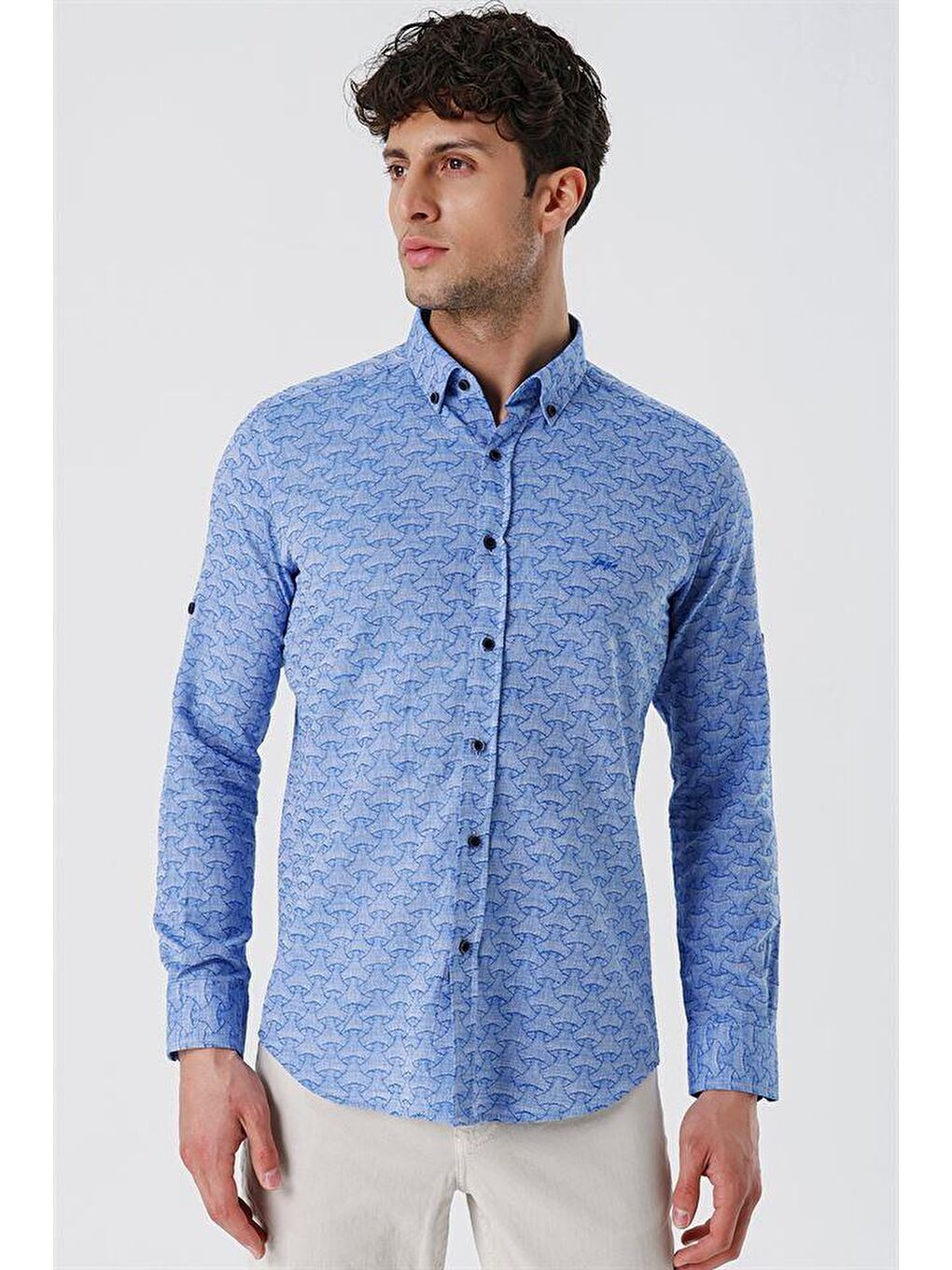 Mavi Kısalabilir Kollu Desenli  %100 Pamuk Casual Slim Fit Gömlek 1004230181-2