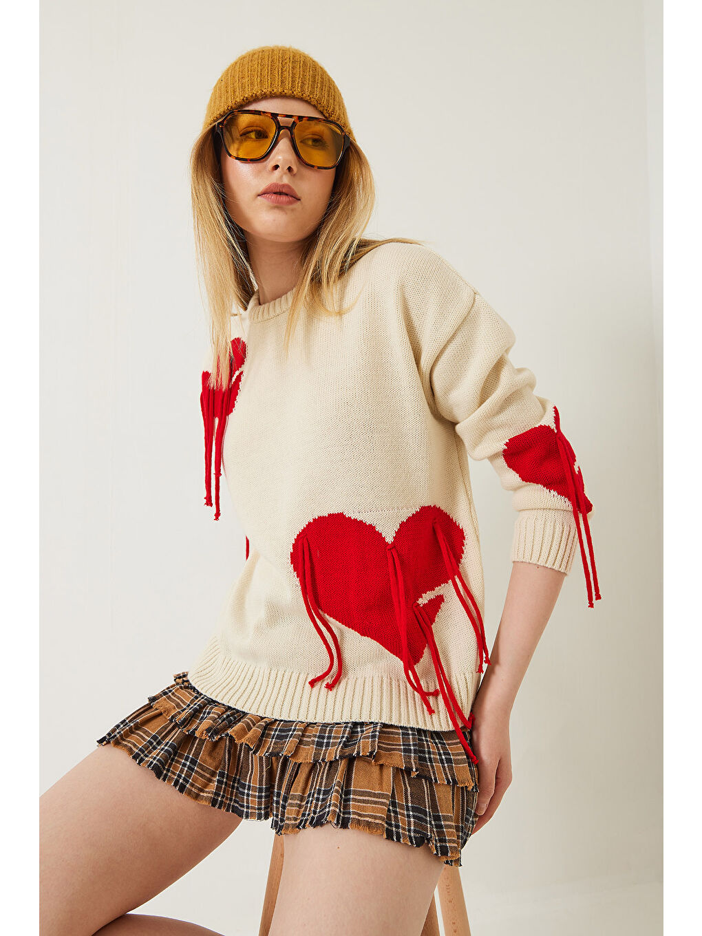 Lila Kadın Kalpli Saçaklı Triko Kazak-3