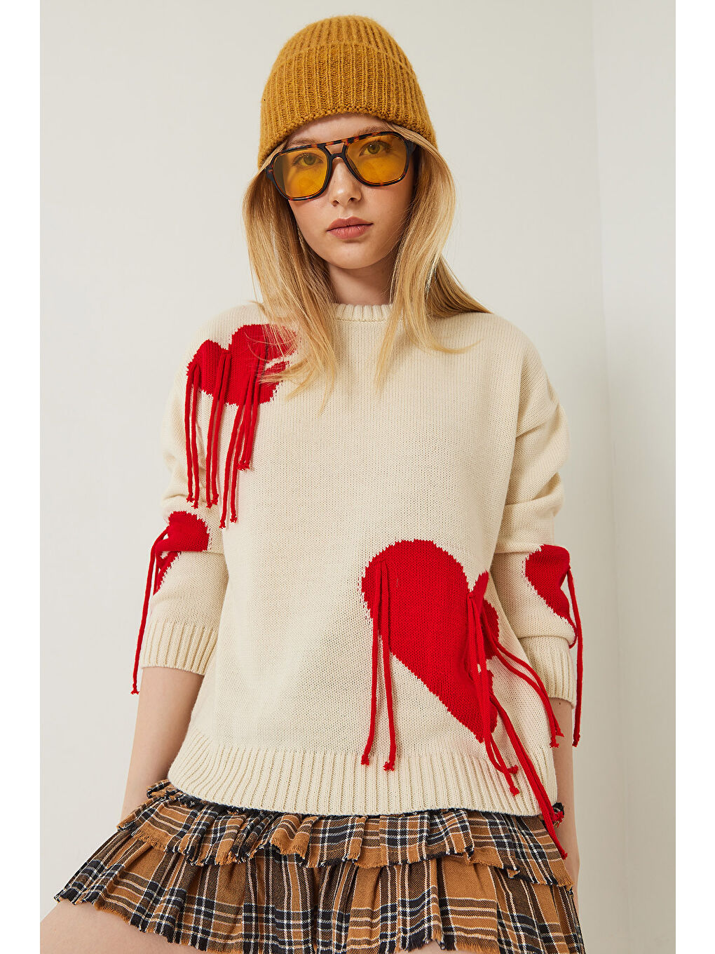 Lila Kadın Kalpli Saçaklı Triko Kazak-4