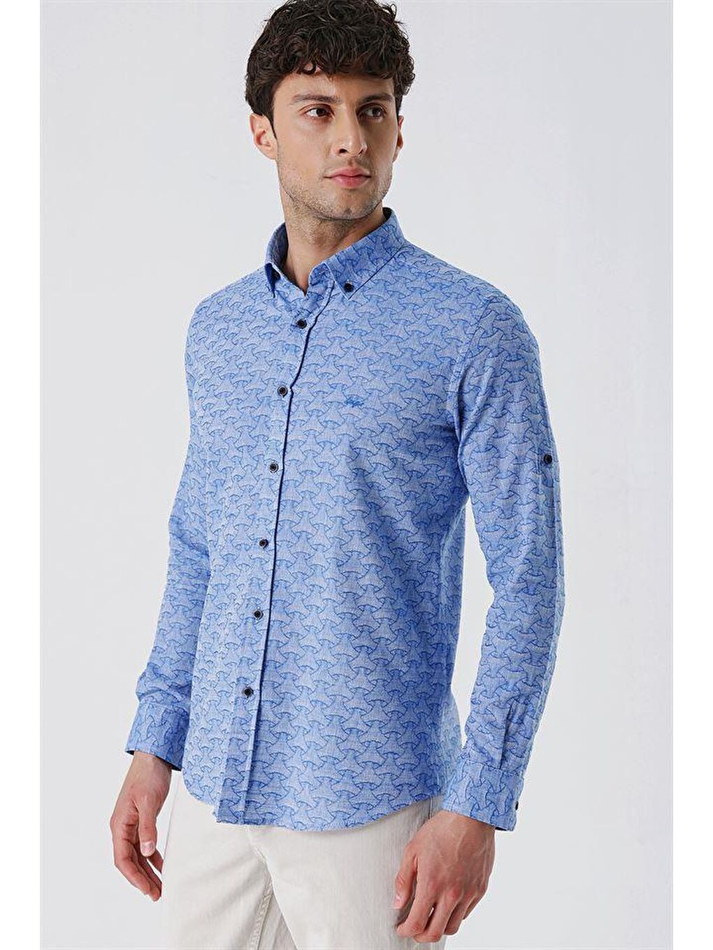 Mavi Kısalabilir Kollu Desenli  %100 Pamuk Casual Slim Fit Gömlek 1004230181-3