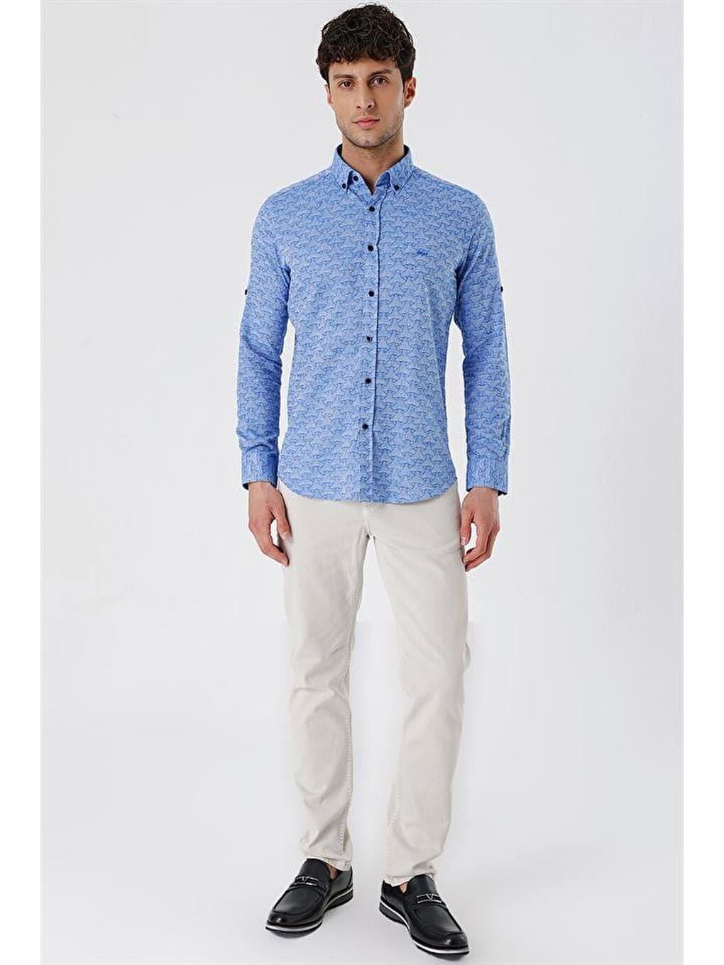 Mavi Kısalabilir Kollu Desenli  %100 Pamuk Casual Slim Fit Gömlek 1004230181-4