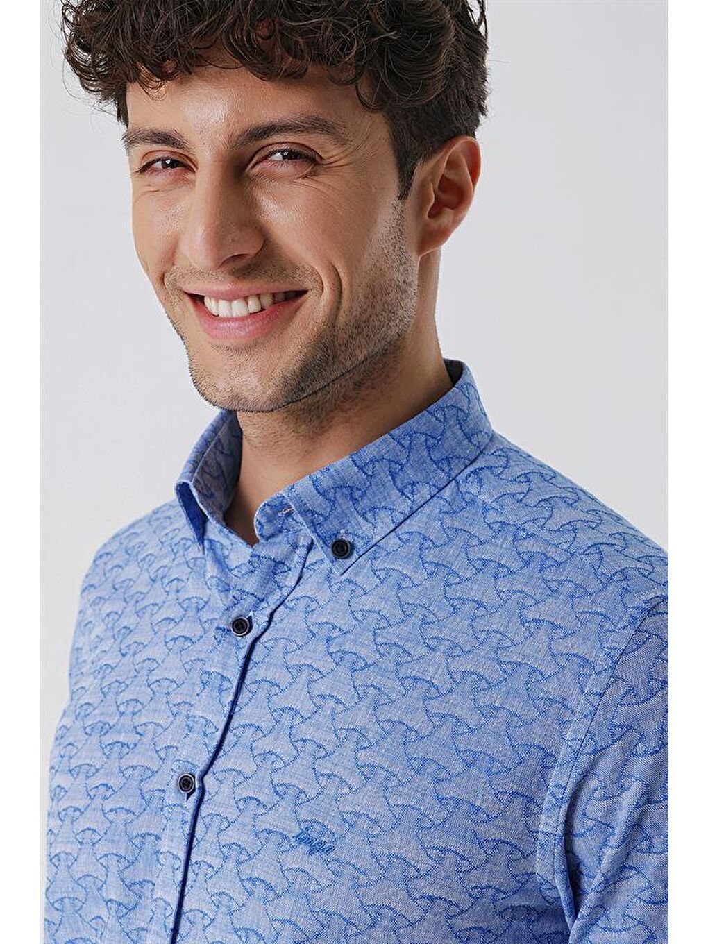 Mavi Kısalabilir Kollu Desenli  %100 Pamuk Casual Slim Fit Gömlek 1004230181-5