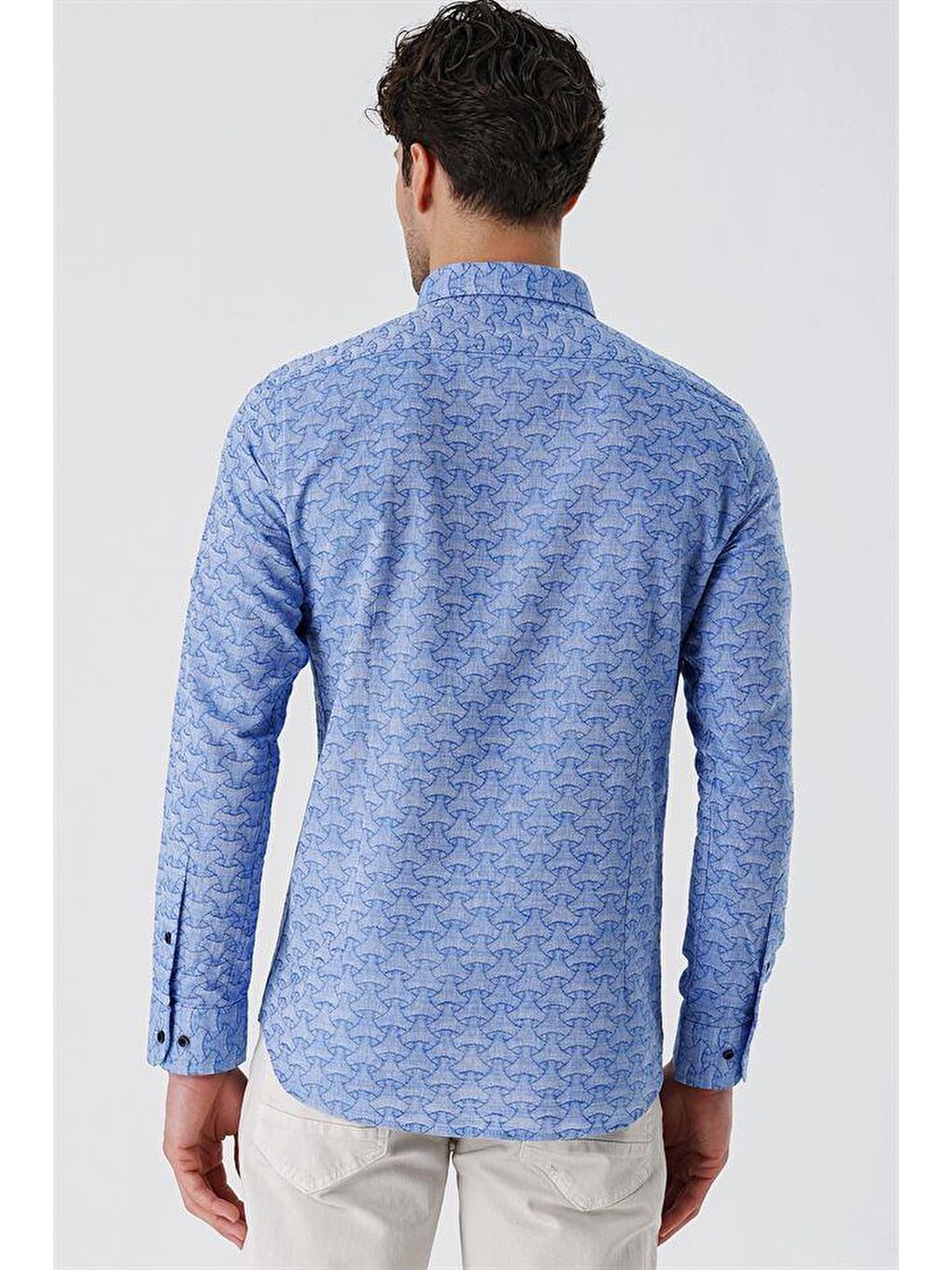 Mavi Kısalabilir Kollu Desenli  %100 Pamuk Casual Slim Fit Gömlek 1004230181-6